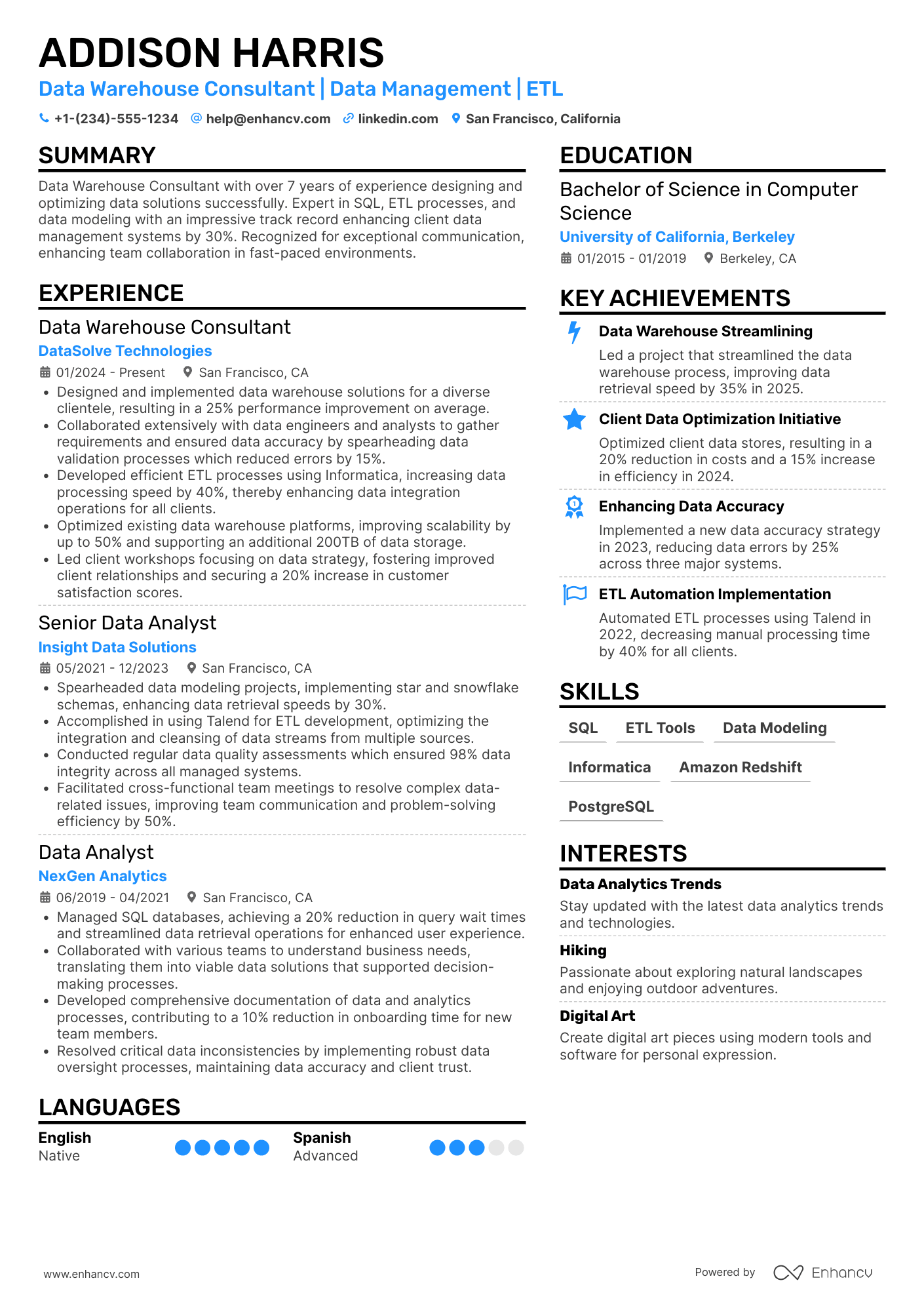 Data Warehouse Consultant Resume Example