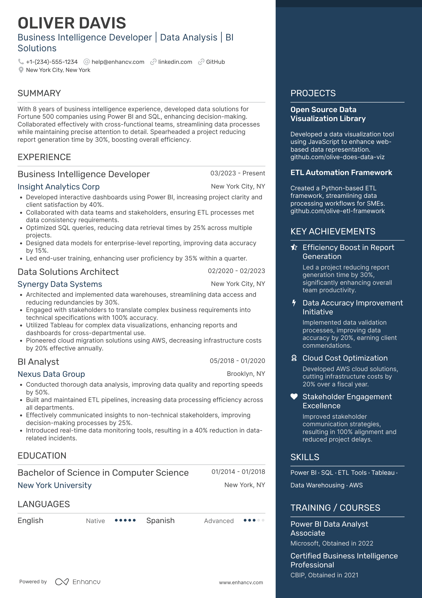 Business Intelligence Developer Resume Example