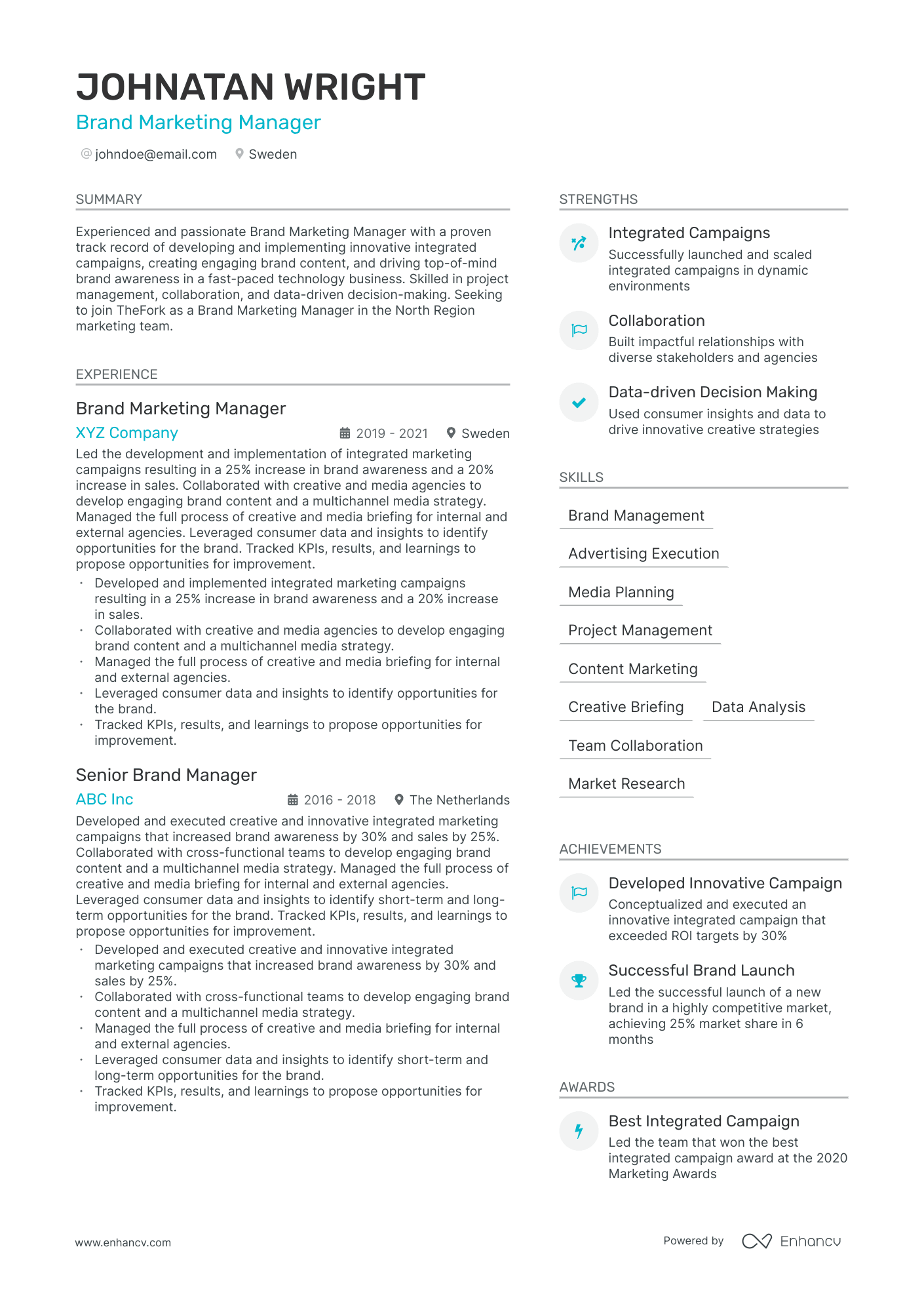 Brand Marketing Resume Example