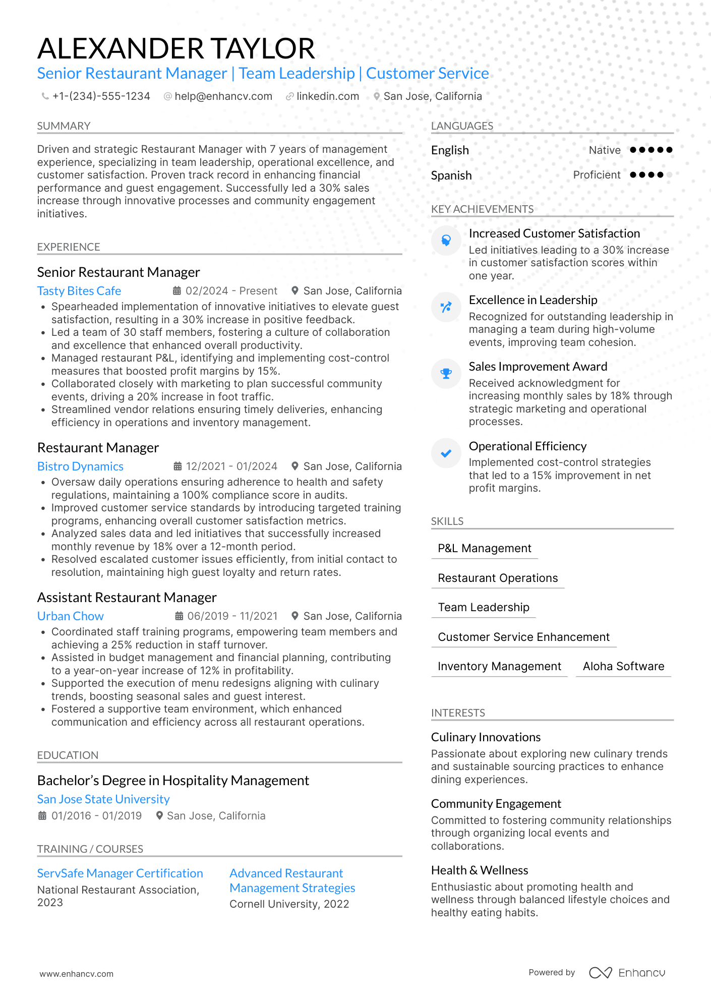 Senior Restaurant Manager Resume Example