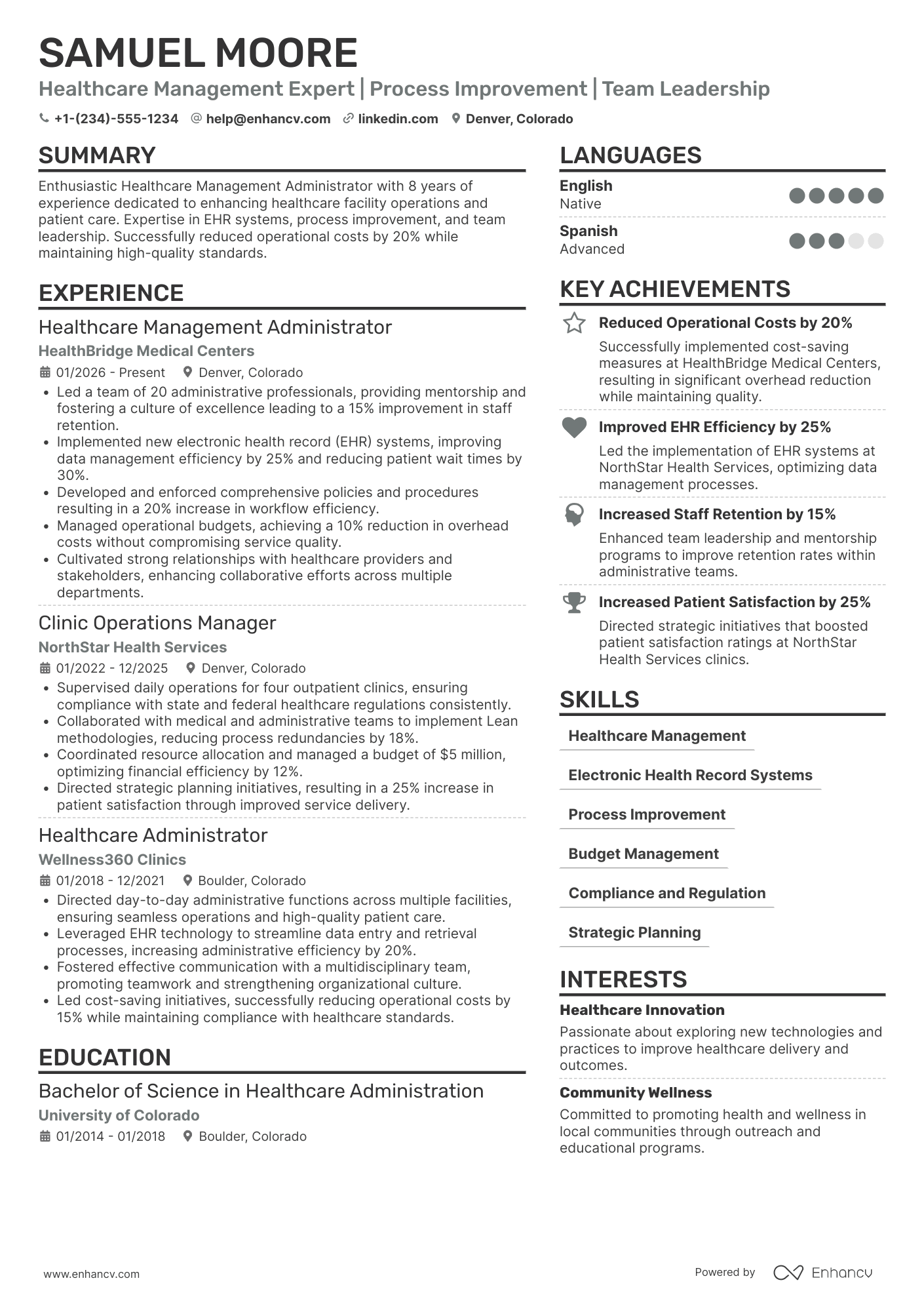 Healthcare Management Administrator Resume Example