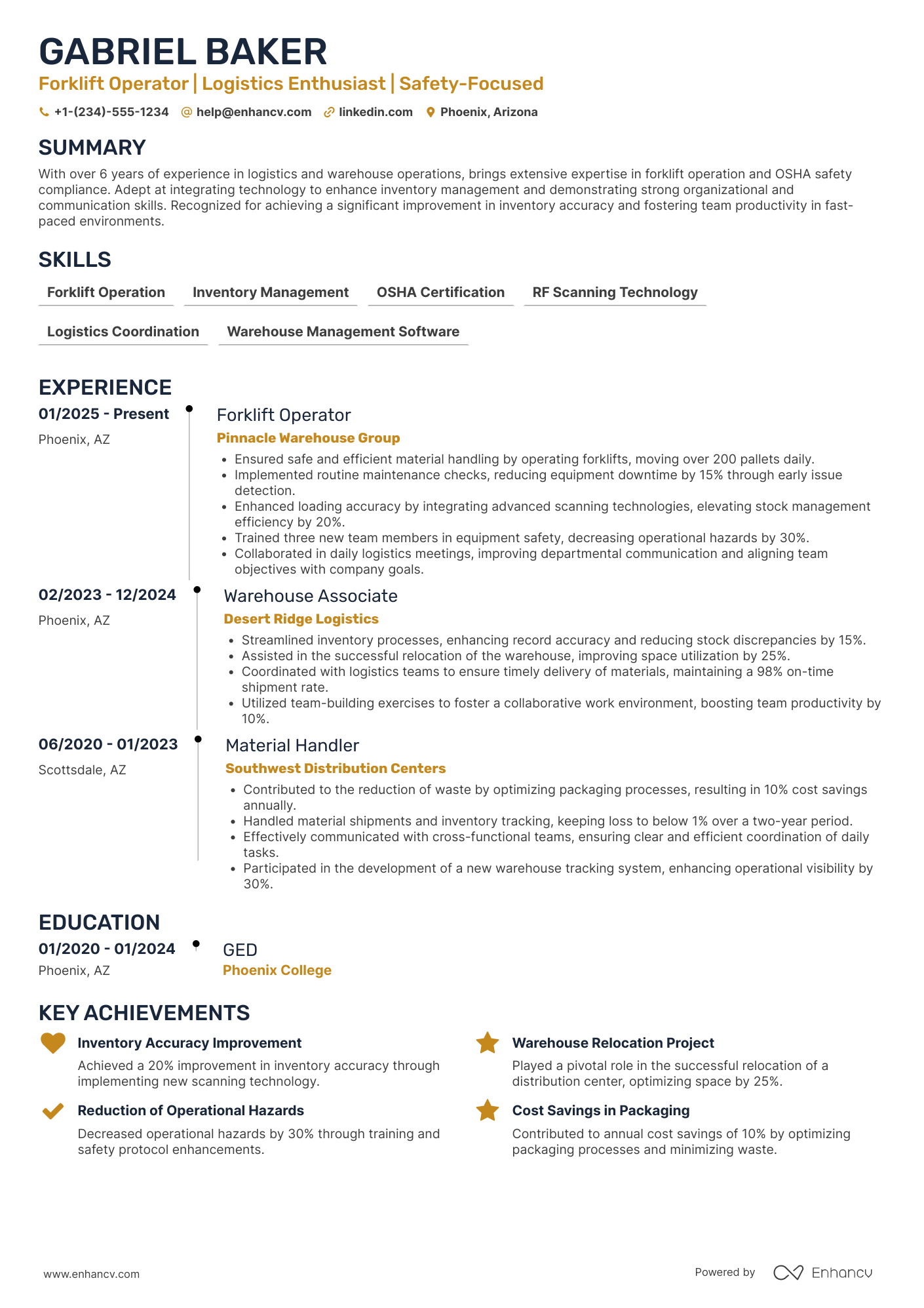 Full Time Forklift Operator Resume Example