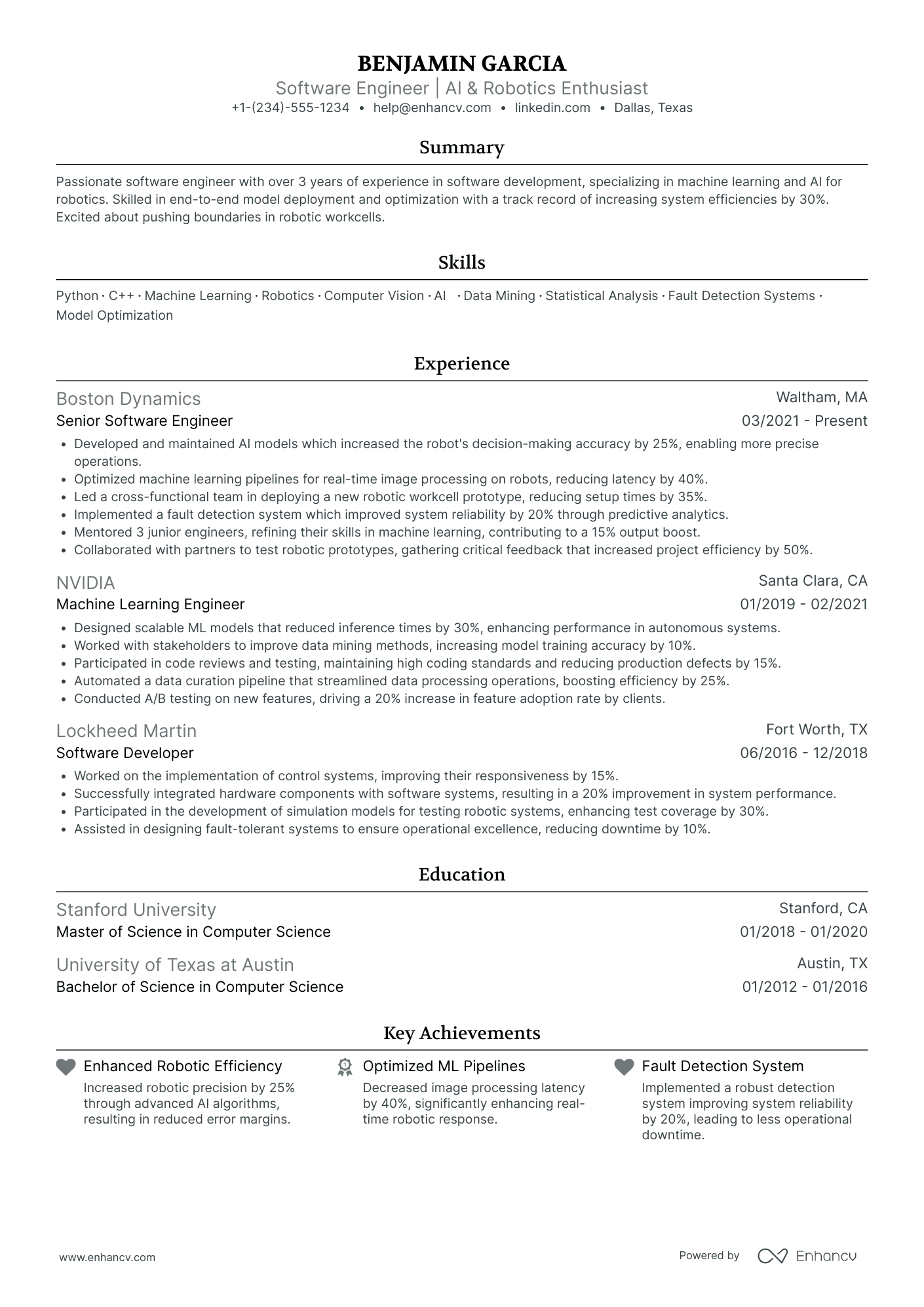 Robotics Software Engineer Resume Example