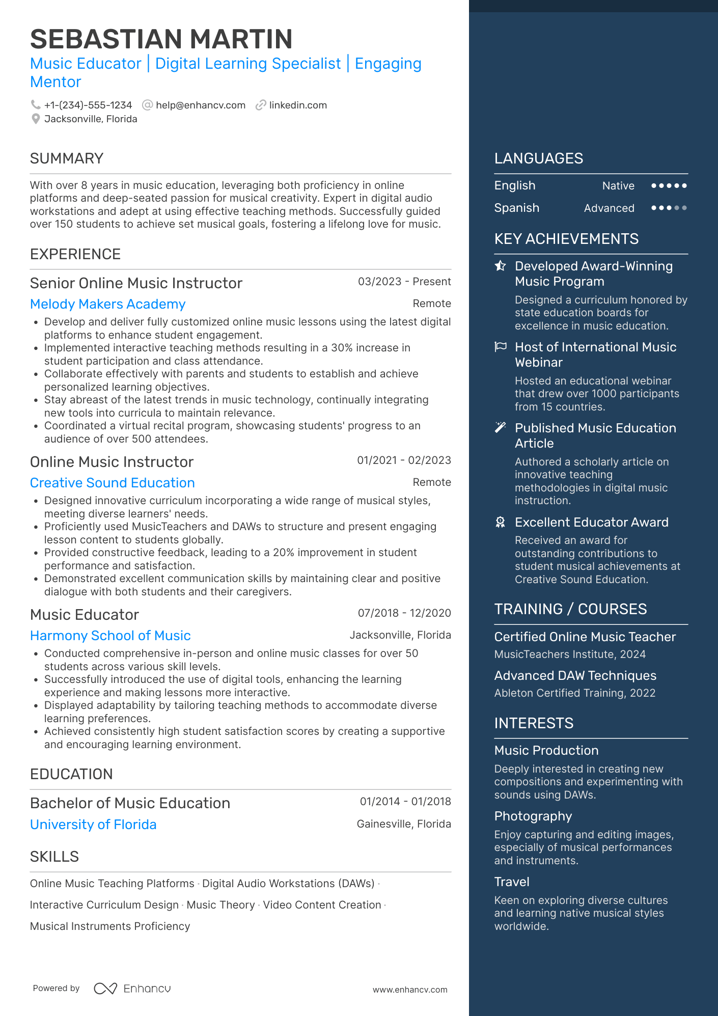 Online Music Teacher Resume Example