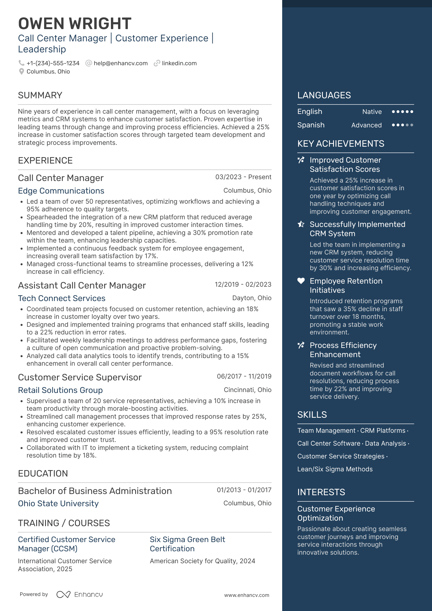 Call Center Manager Resume Example