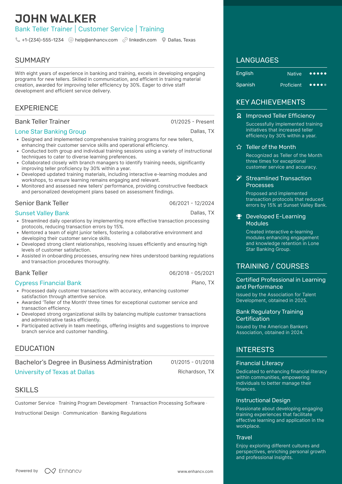 Bank Teller Trainer Resume Example