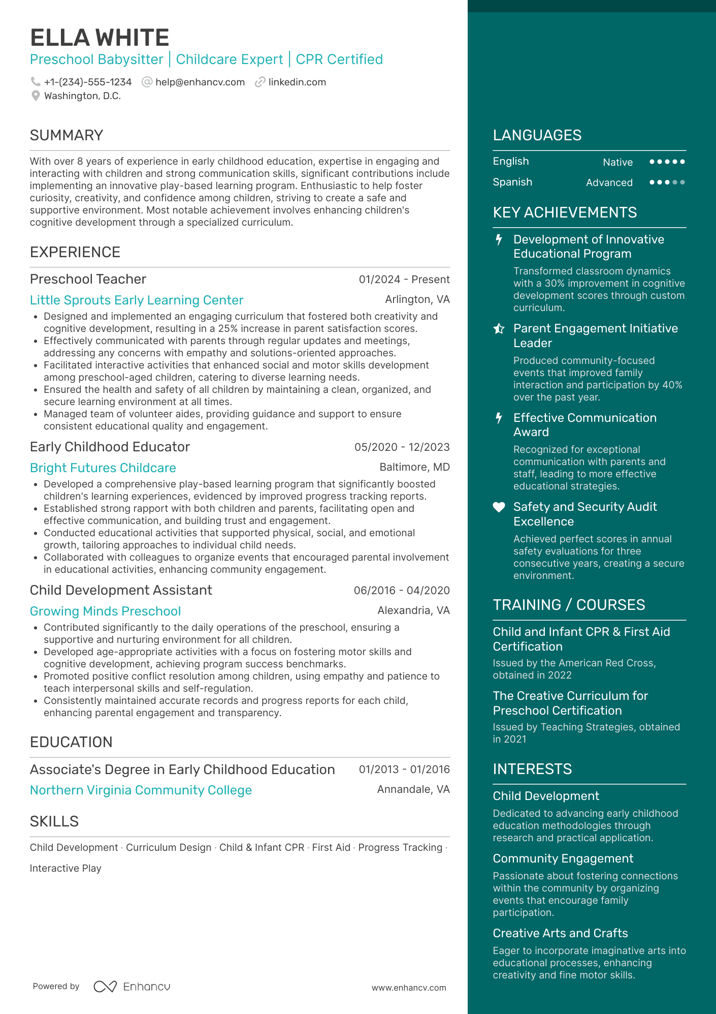 Preschool Babysitter Resume Example