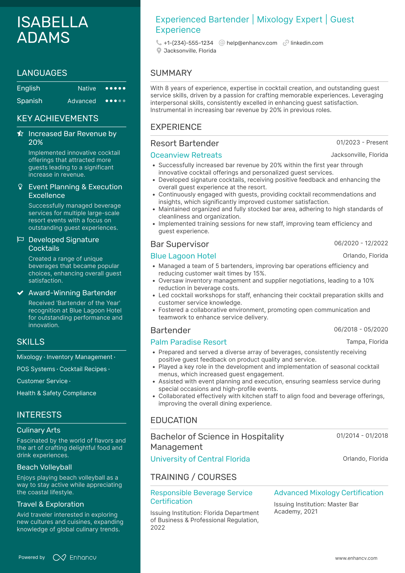 Resort Bartender Resume Example