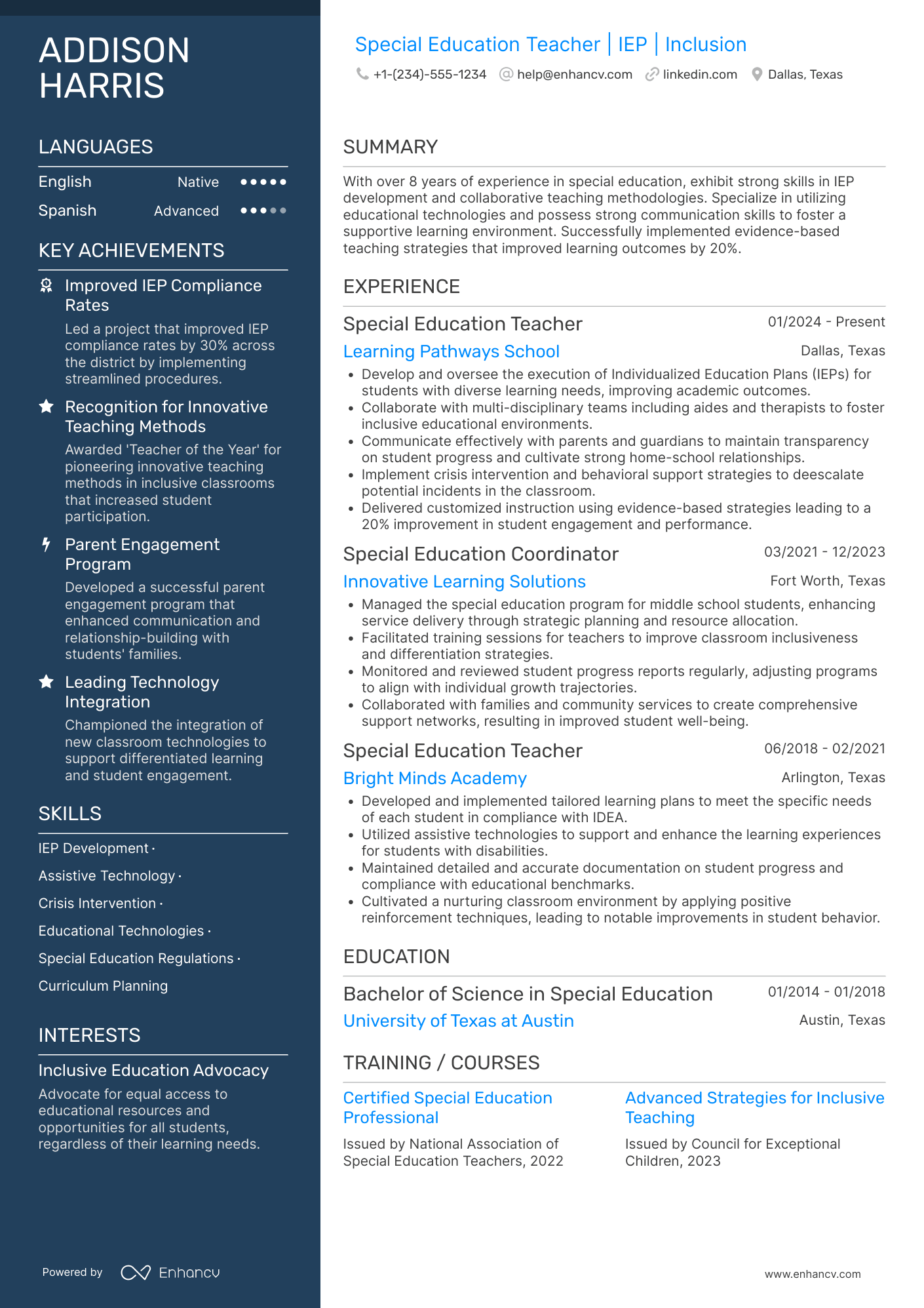 Special Education Teacher for Middle School Resume Example