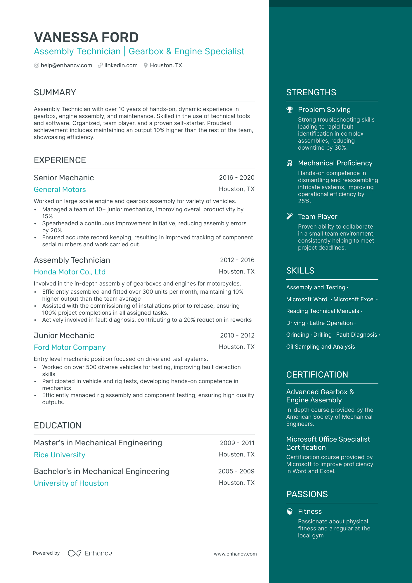 Assembly Technician Resume Example