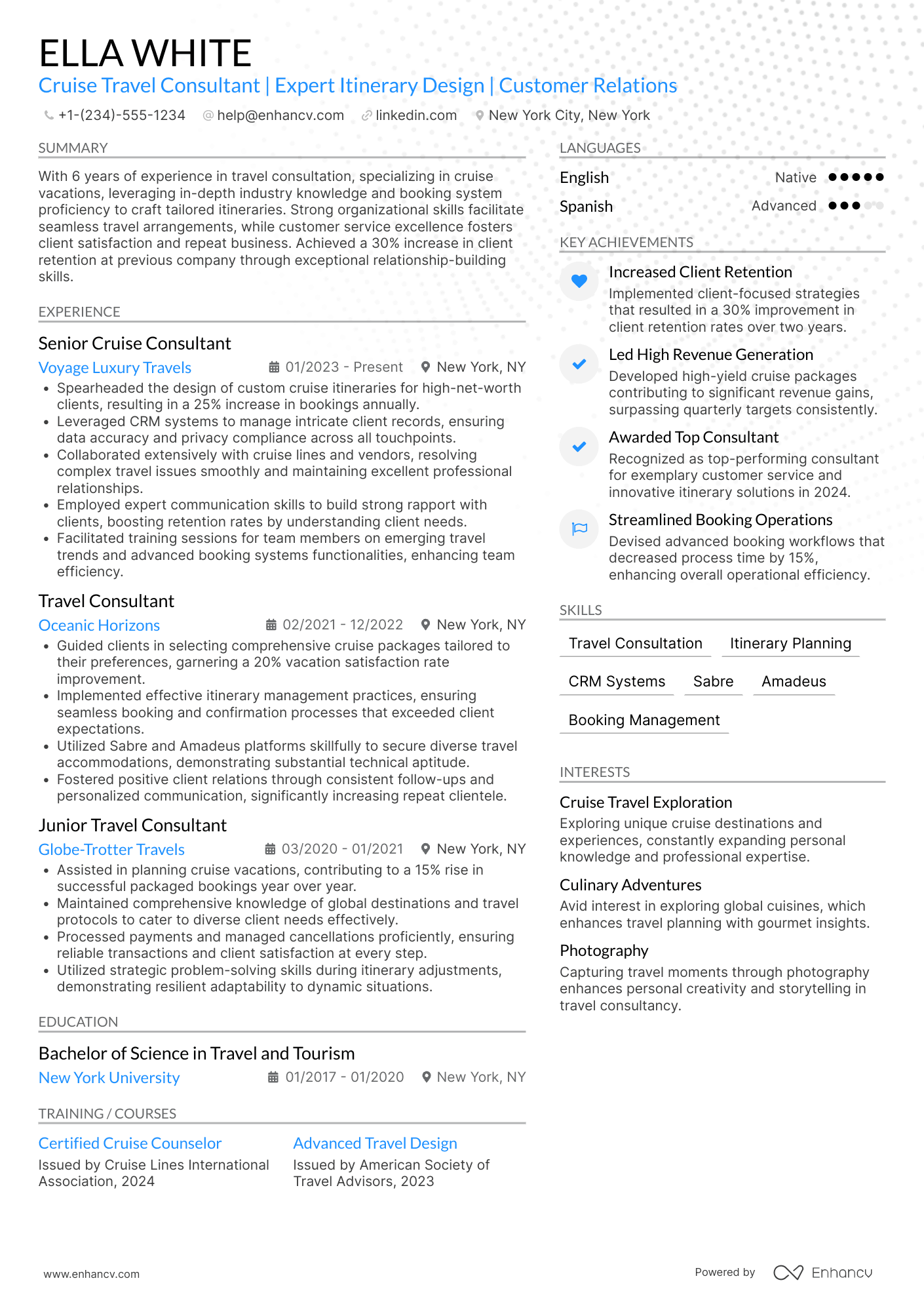 Cruise Travel Consultant Resume Example