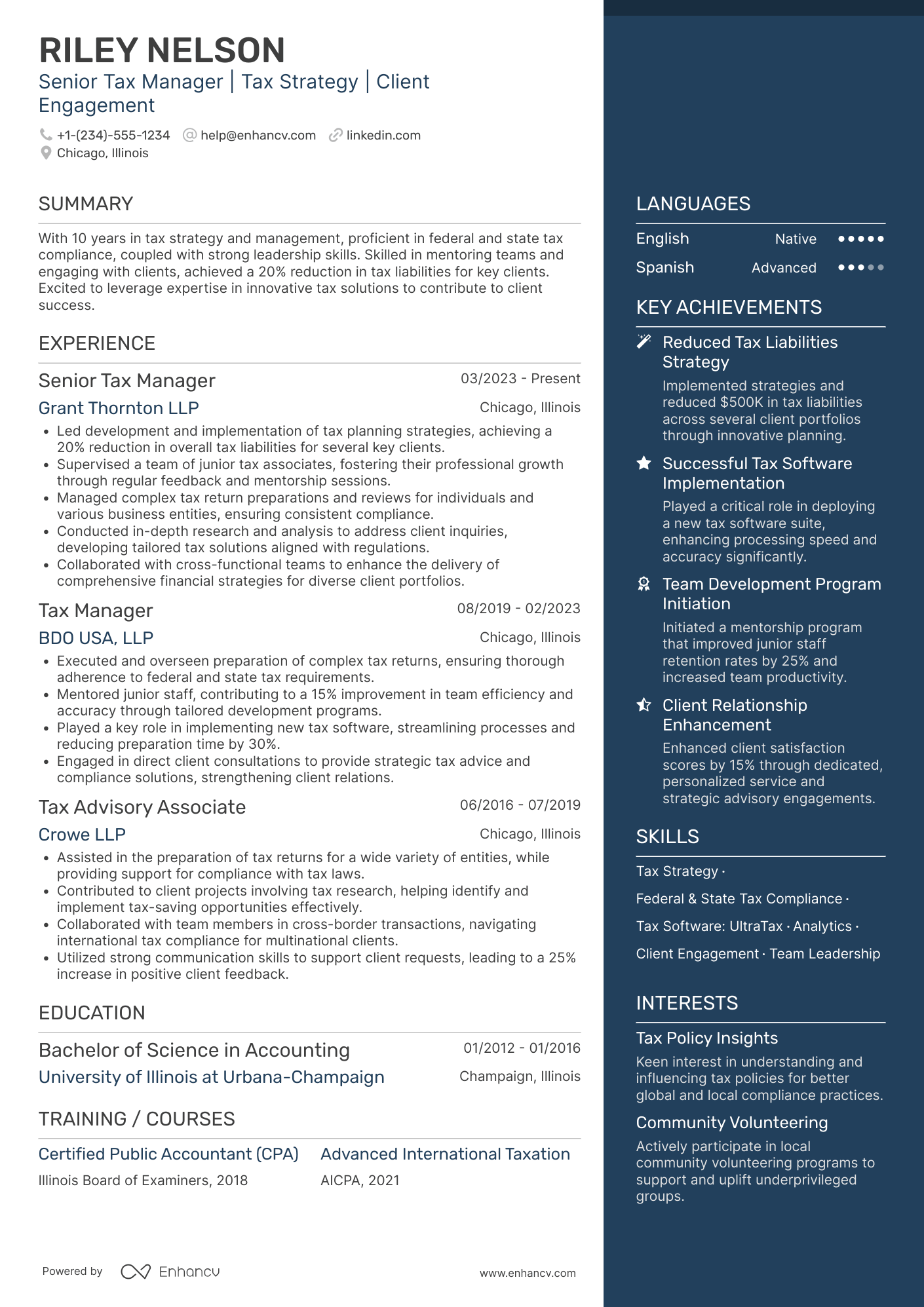 Senior Tax Manager Resume Example