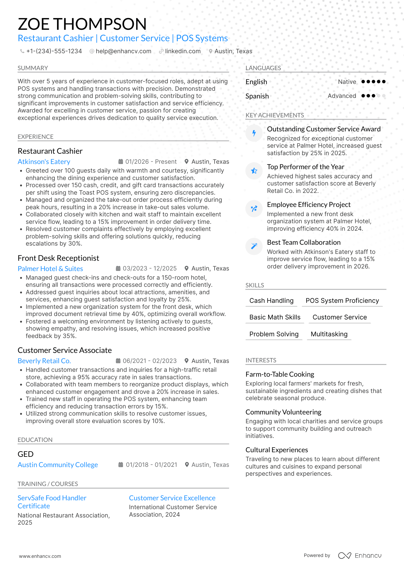 Restaurant Cashier Resume Example
