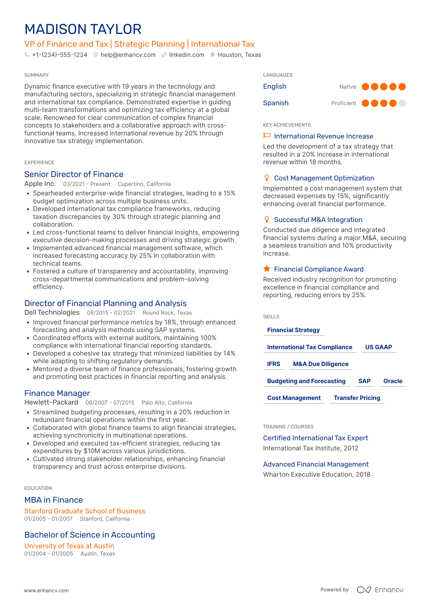 VP of Finance and Tax Resume Example