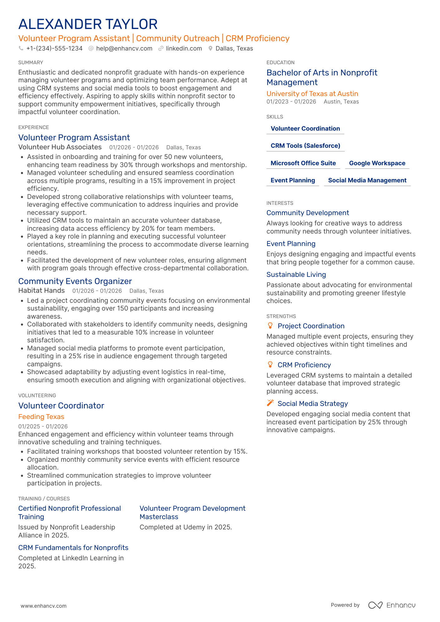 Entry Level Volunteer Coordinator Resume Example