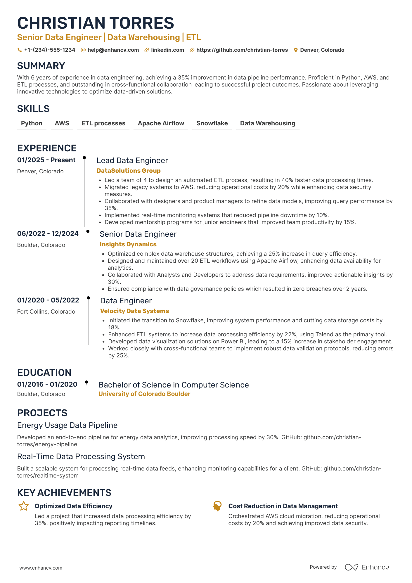 Senior Data Engineer Resume Example