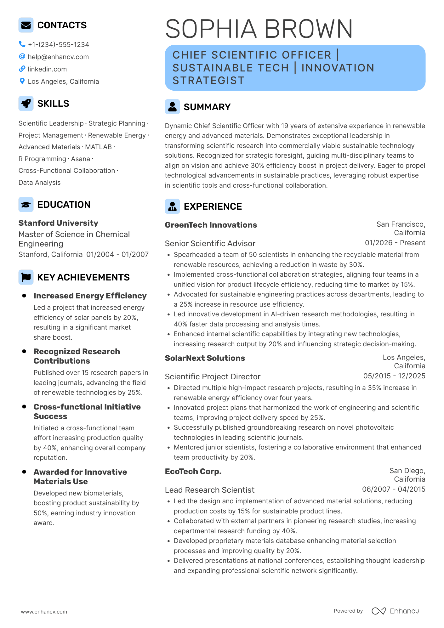 Mid Level Chief Science Officer Resume Example