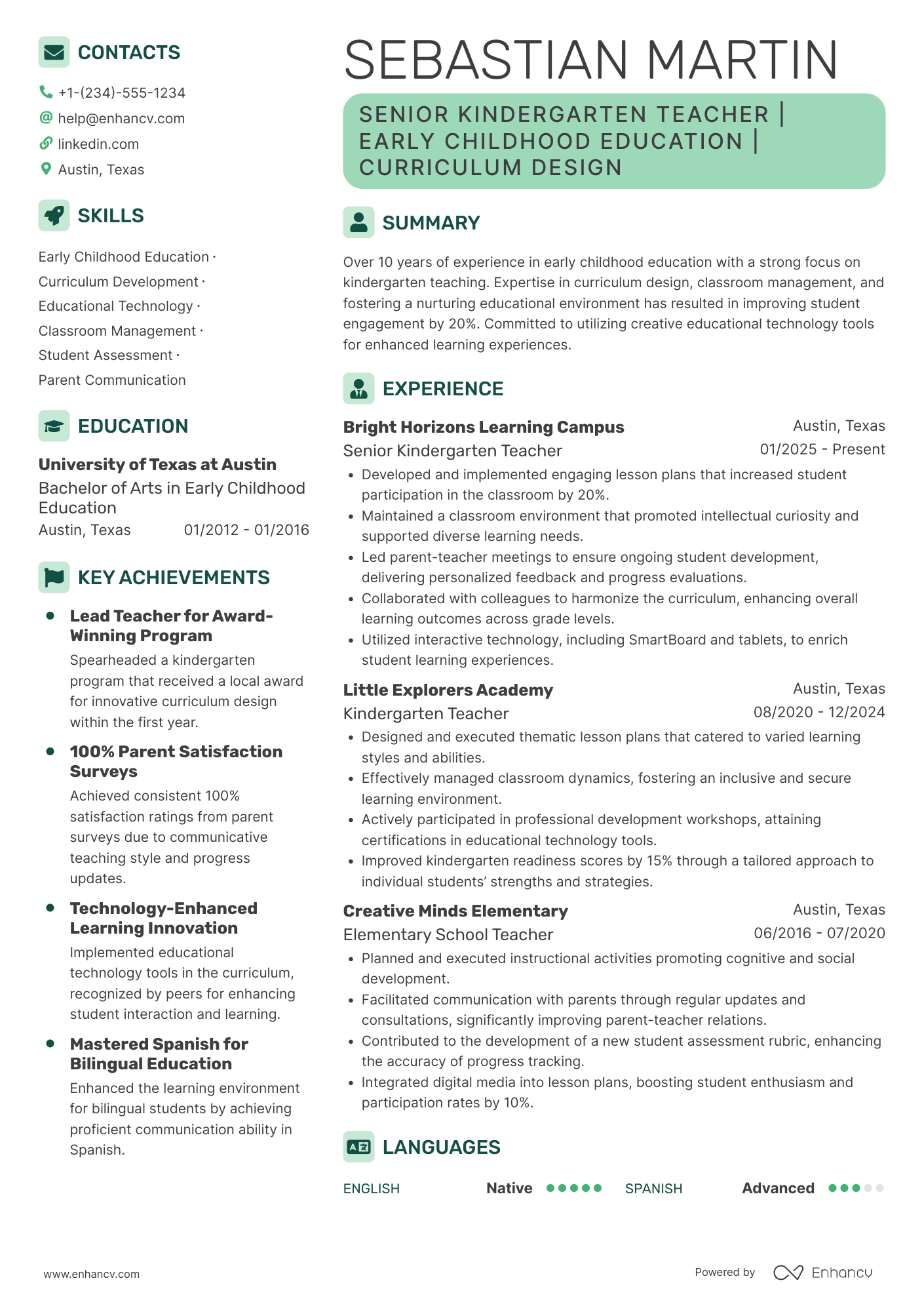 Senior Kindergarten Teacher Resume Example