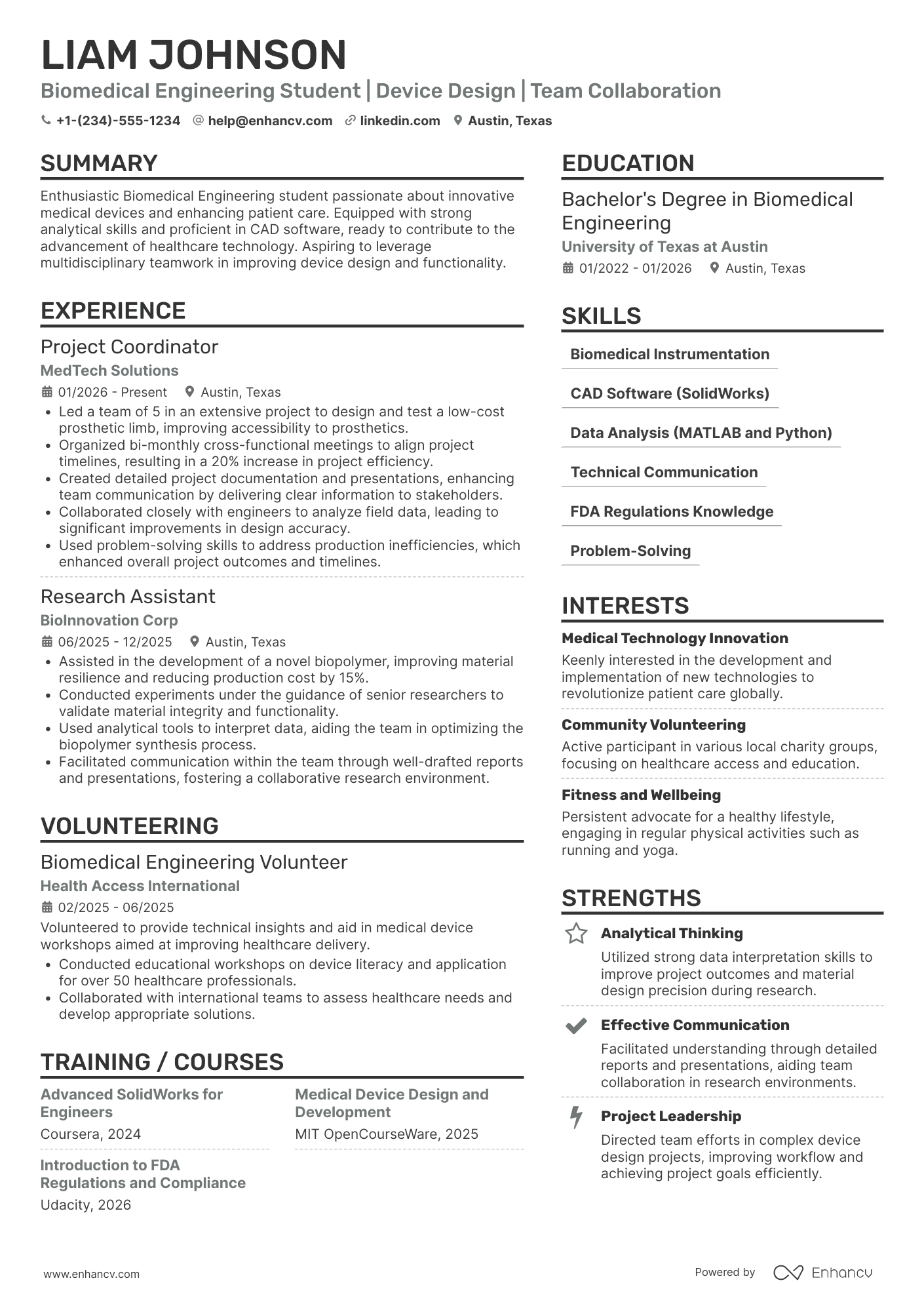 Biomedical Engineering Intern Resume Example
