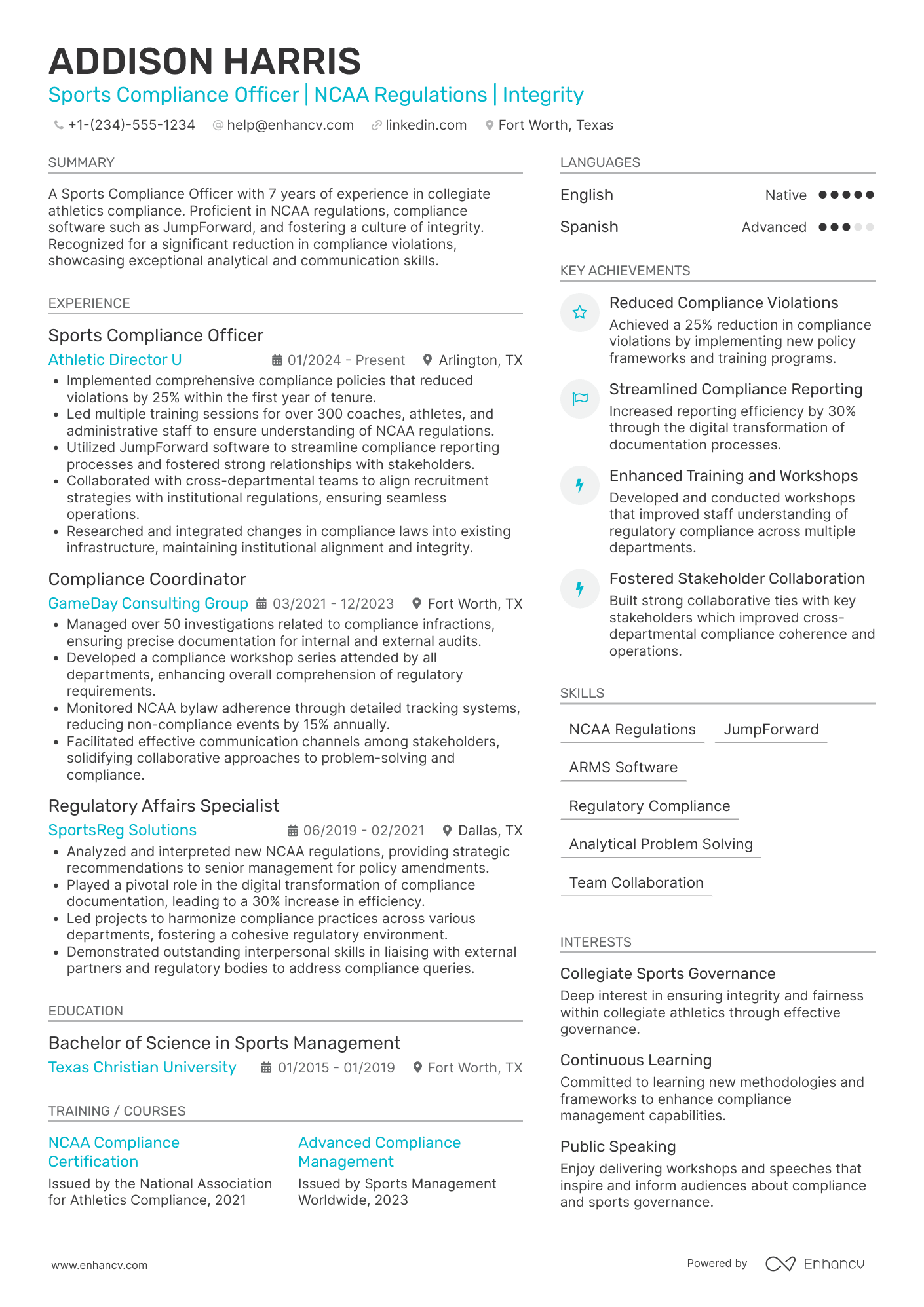 Sports Compliance Officer Resume Example