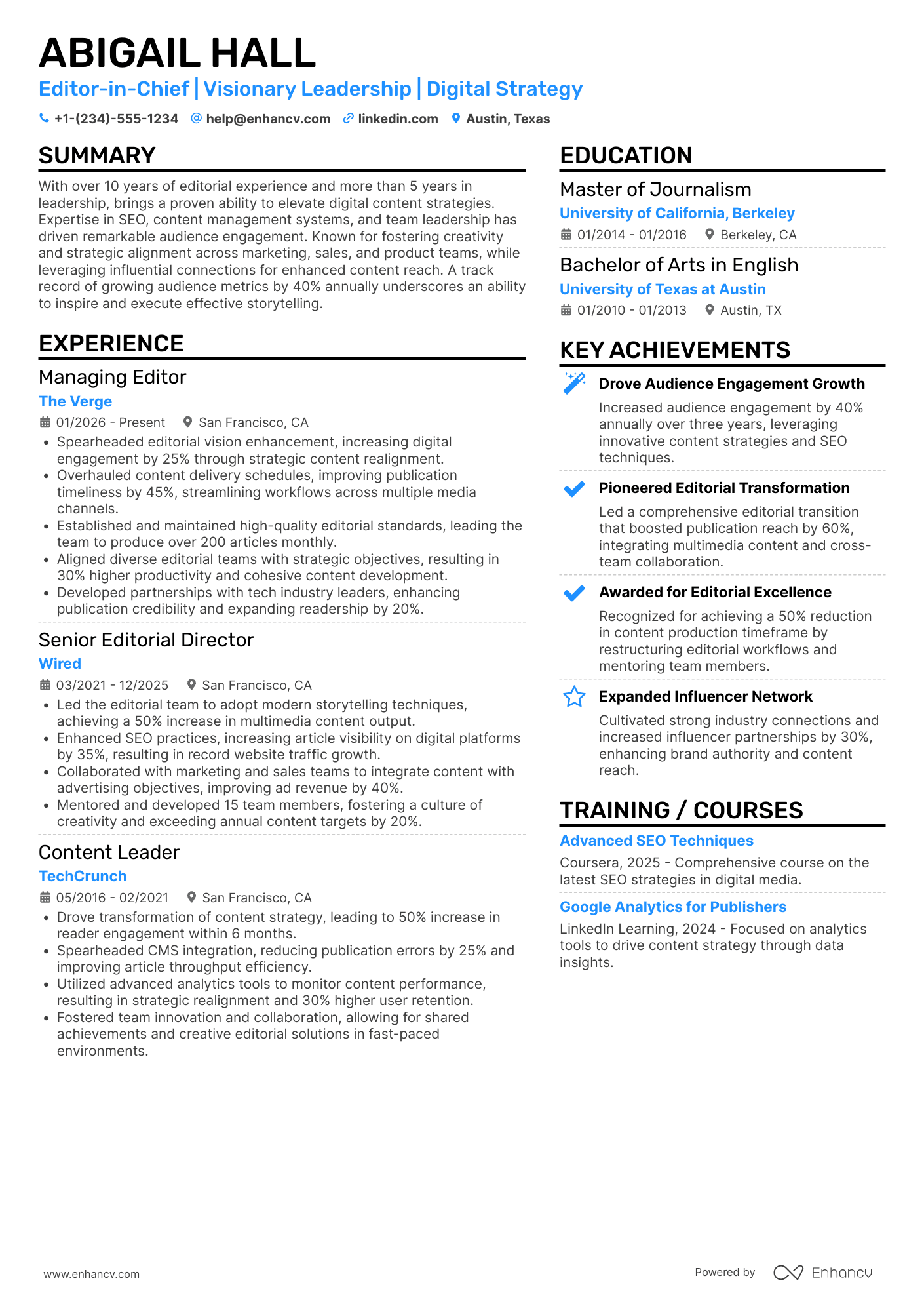 Editor in Chief Resume Example