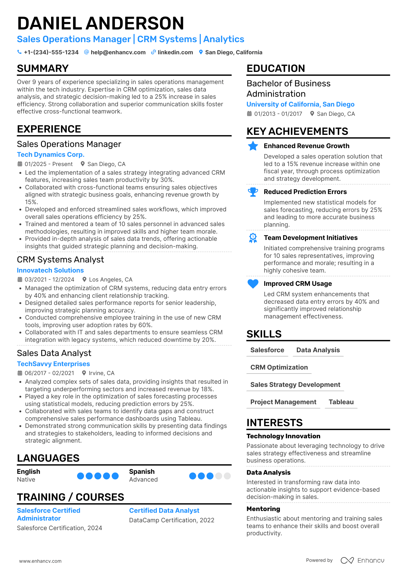 Tech Sales Operations Manager Resume Example