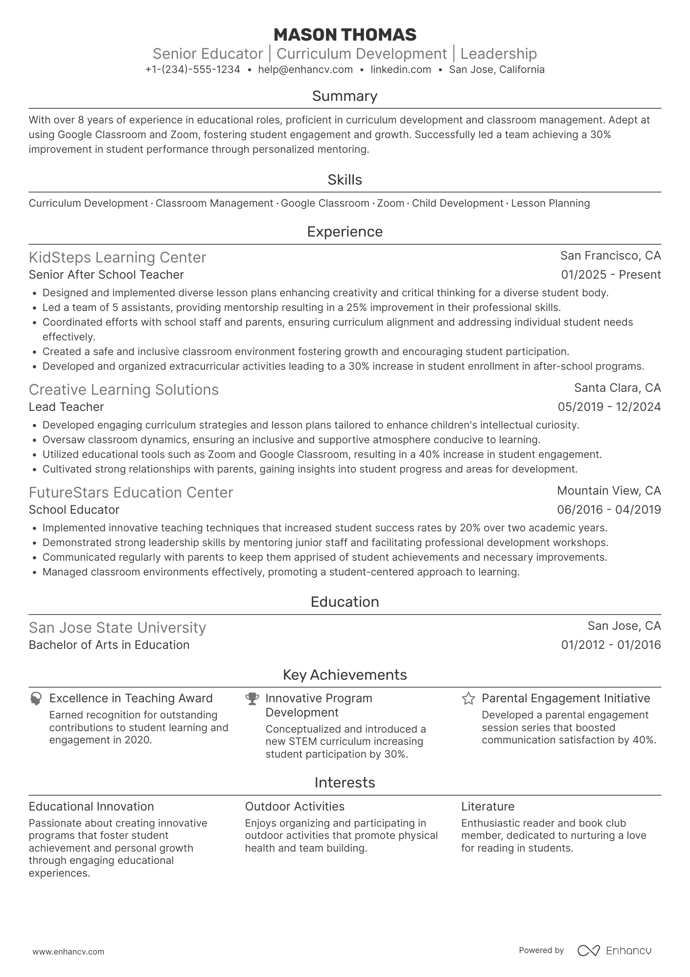 Senior After School Teacher Resume Example