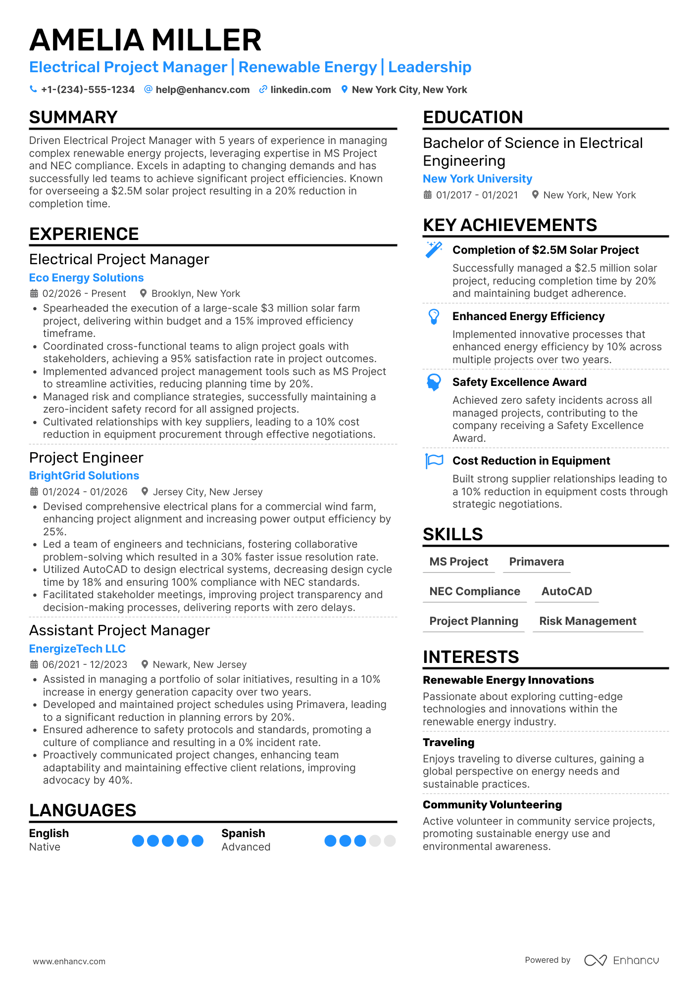 Electrical Project Manager Resume Example