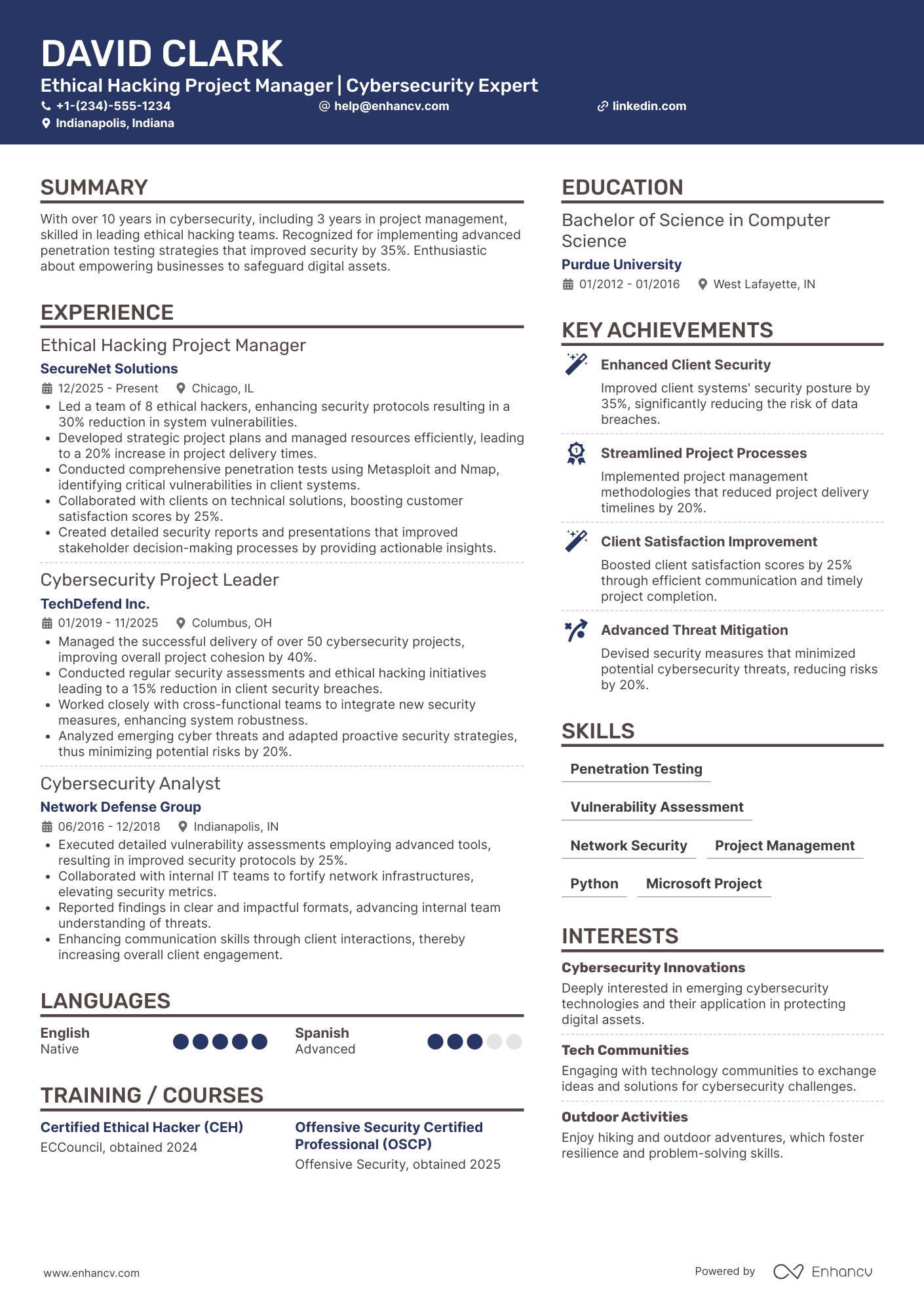 Ethical Hacker Project Manager Resume Example