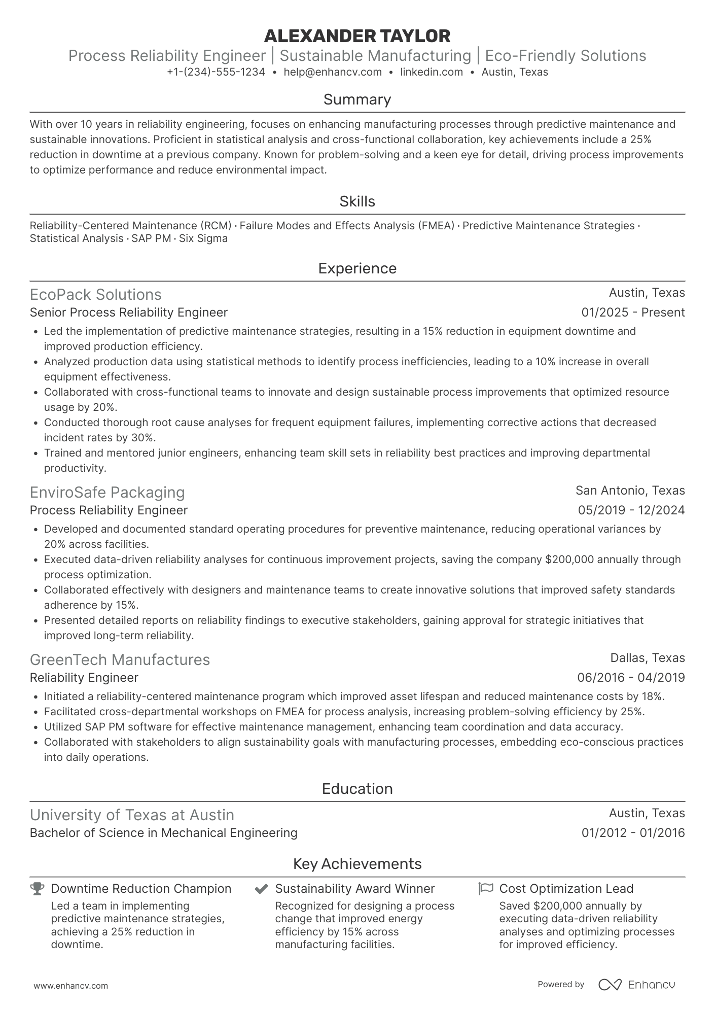 Process Reliability Engineer Resume Example