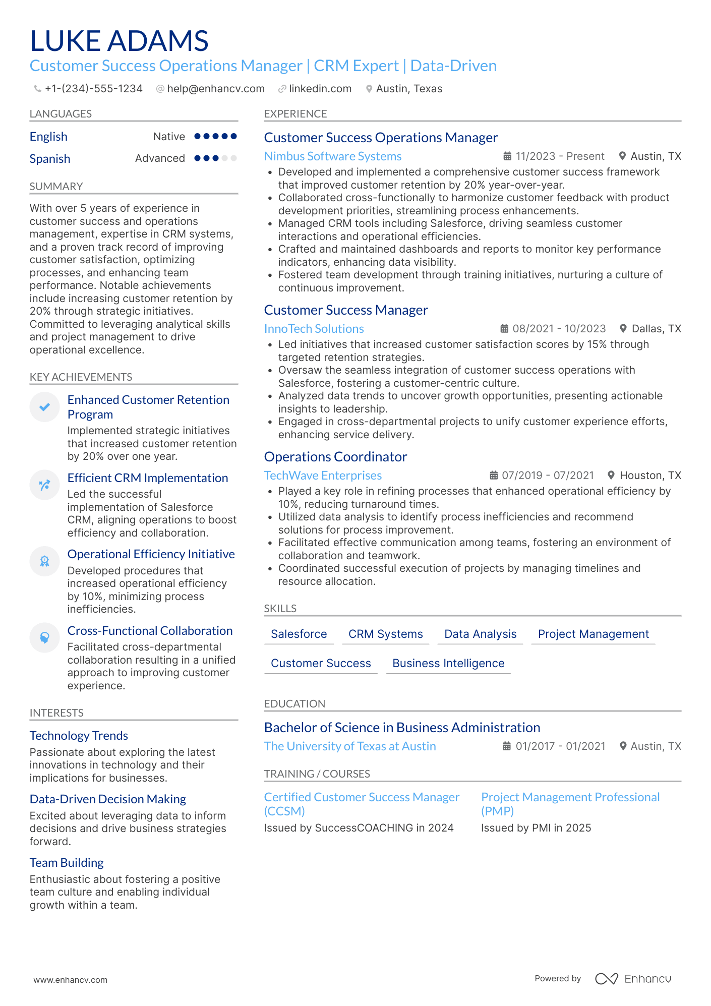 Customer Success Operations Manager Resume Example