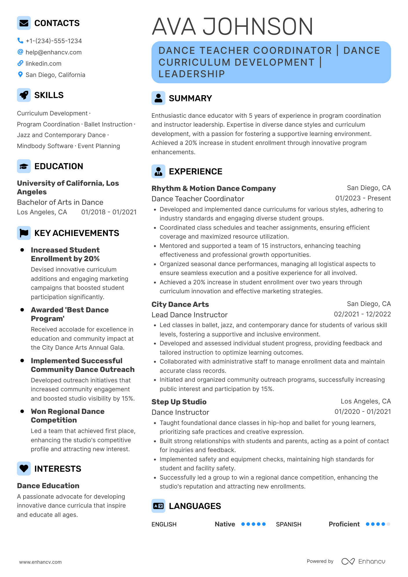 Dance Teacher Coordinator Resume Example