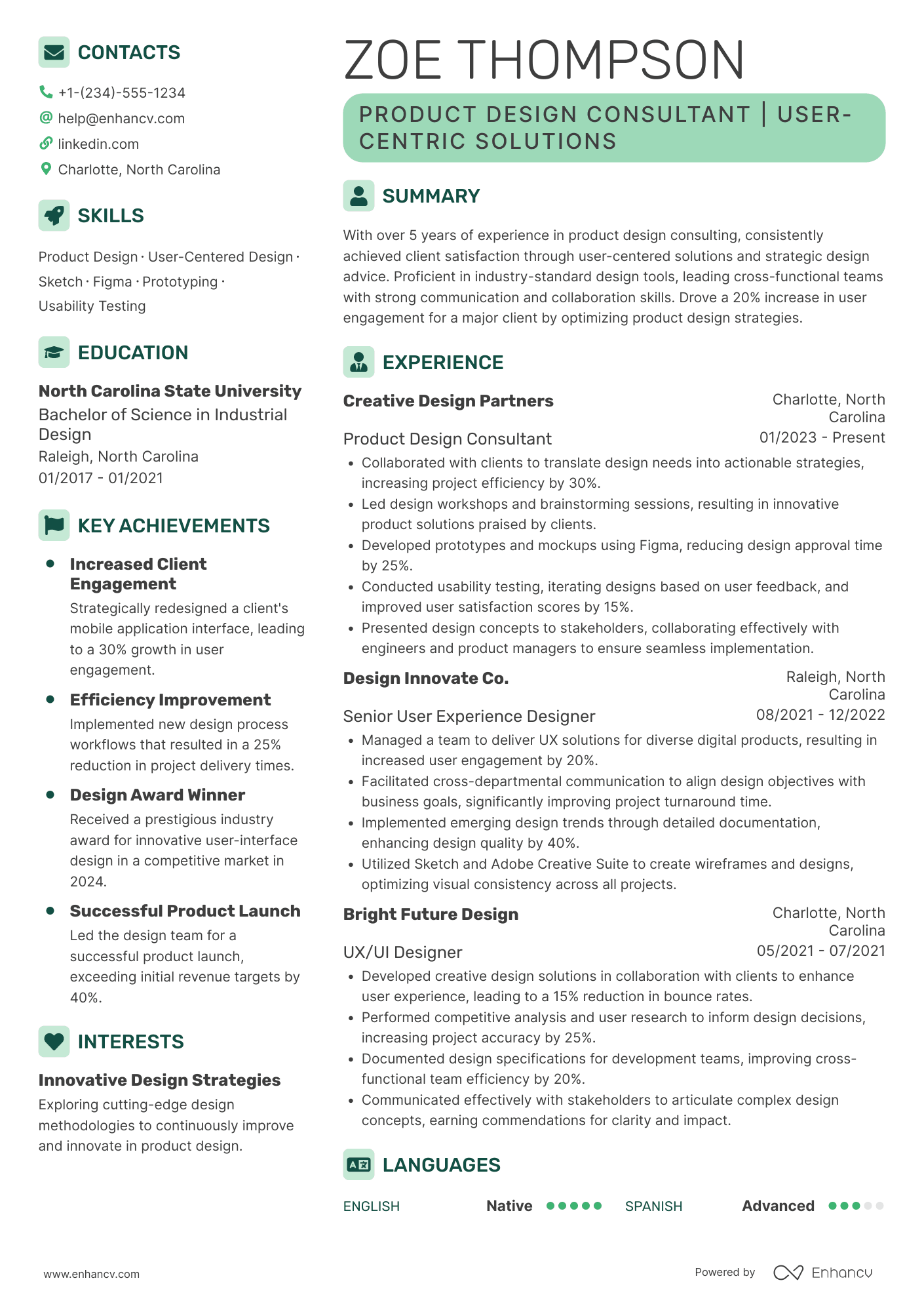 Product Design Consultant Resume Example
