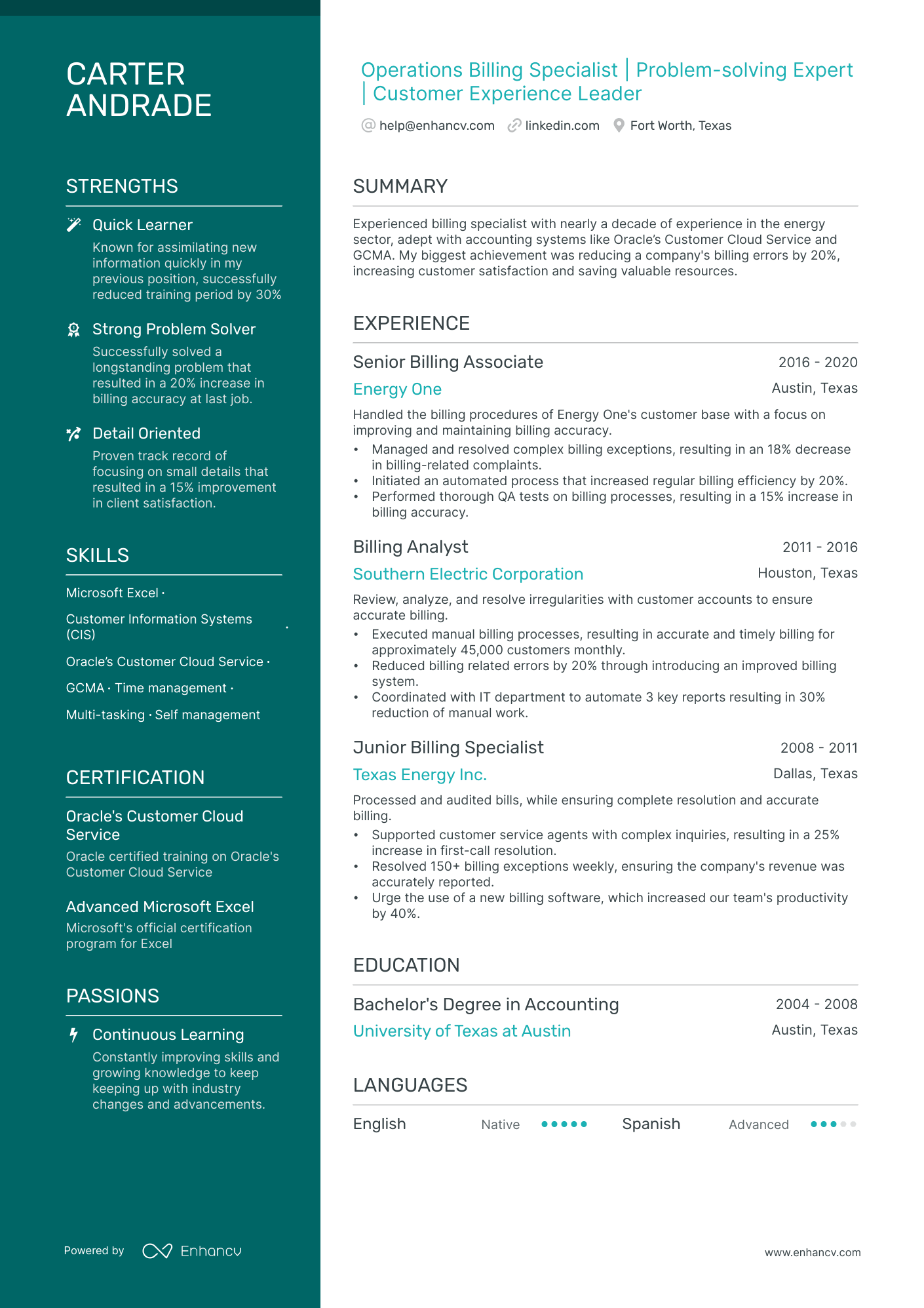Billing Specialist Resume Example