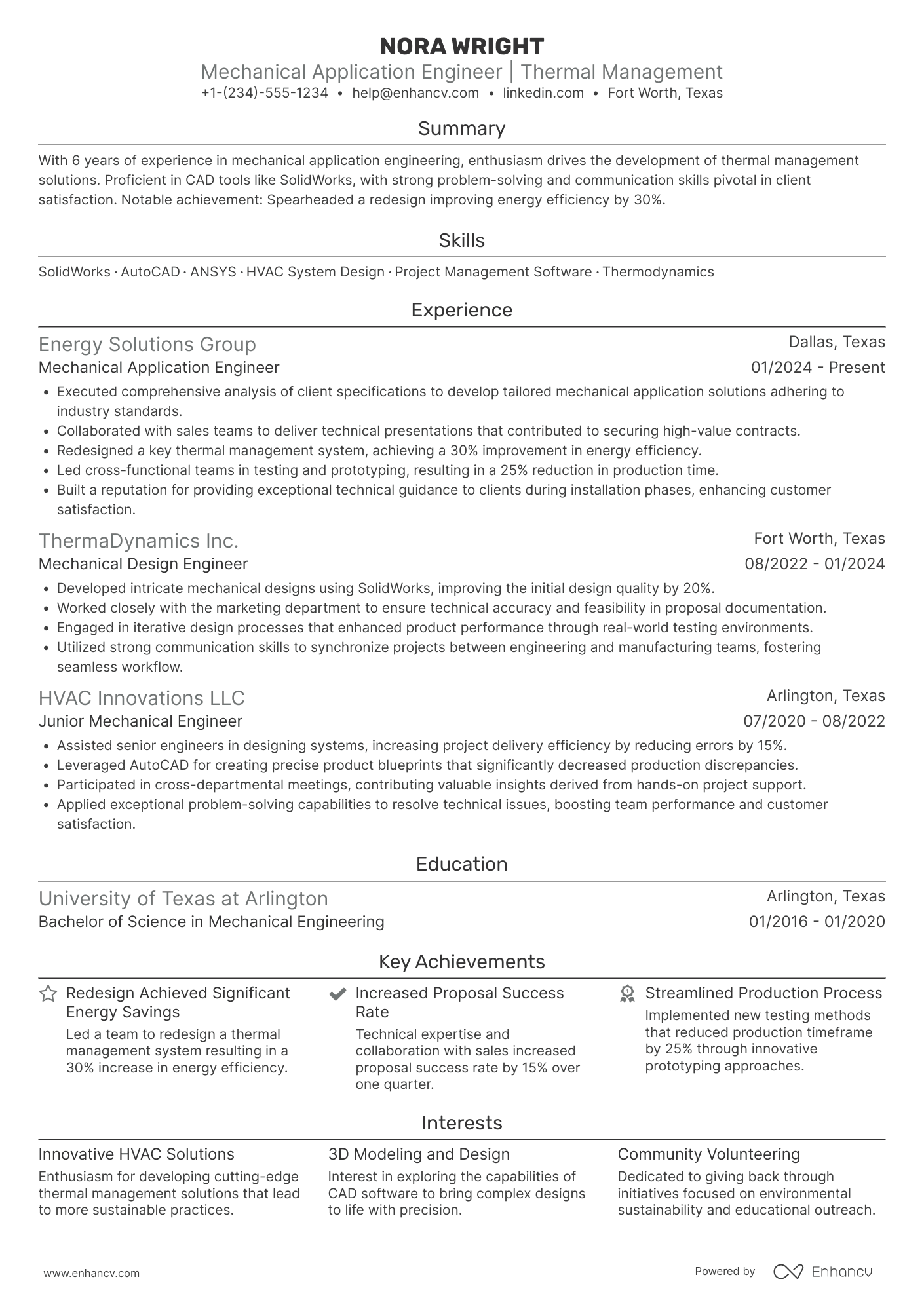 Mechanical Application Engineer Resume Example