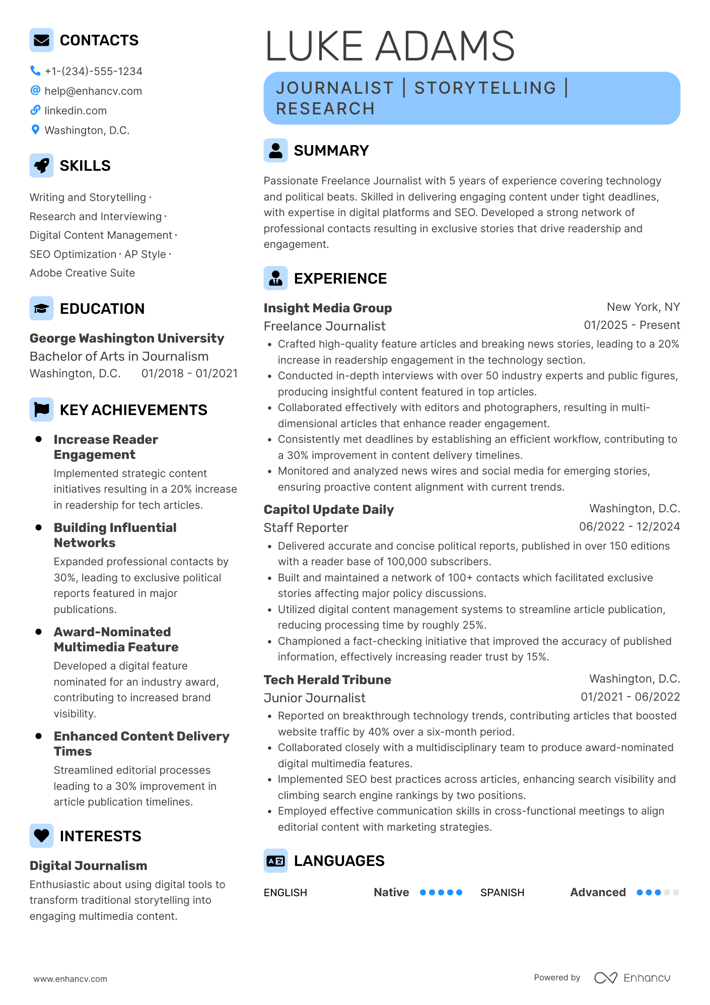 Freelance Journalist Resume Example