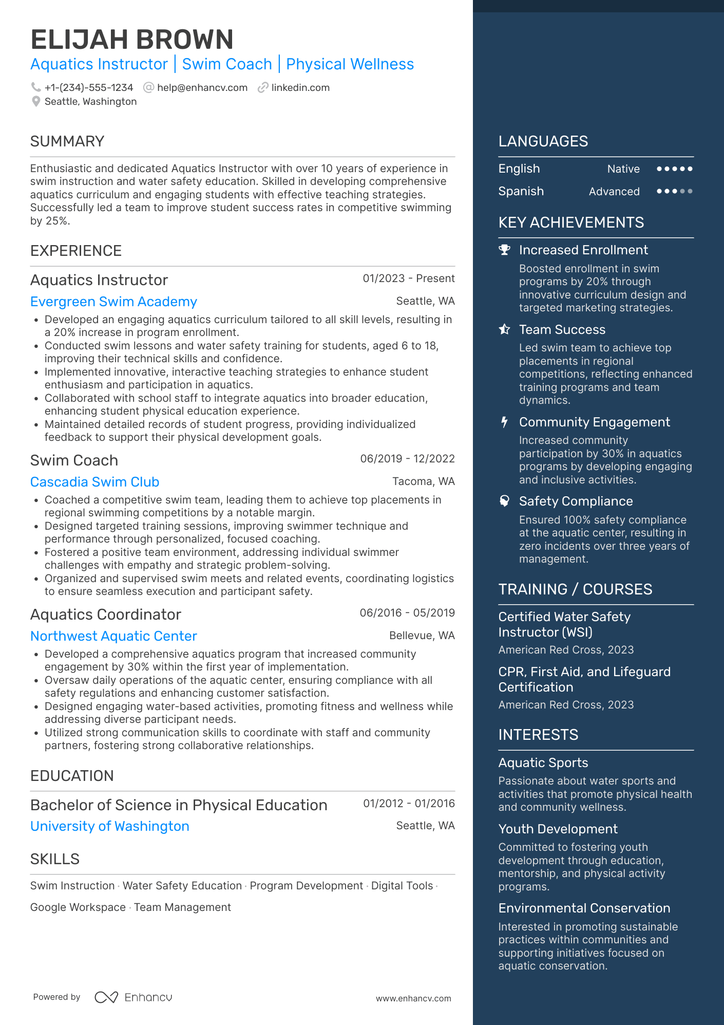 Aquatics Physical Education Teacher Resume Example