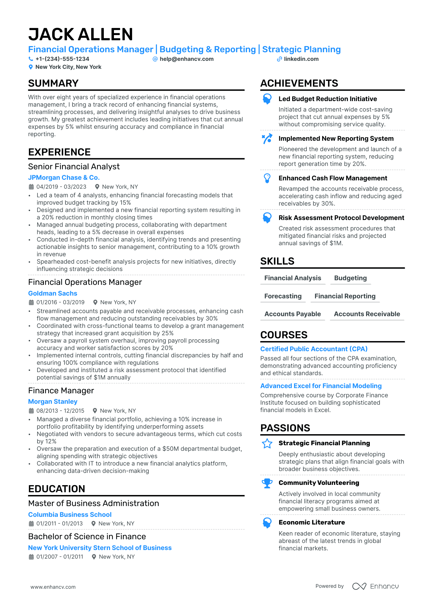 Financial Operations Manager Resume Example