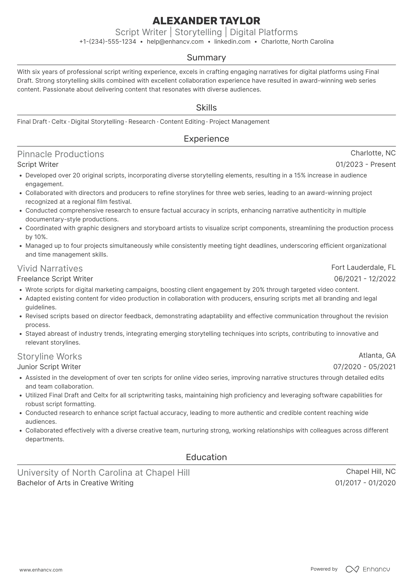 Freelance Script Writer Resume Example