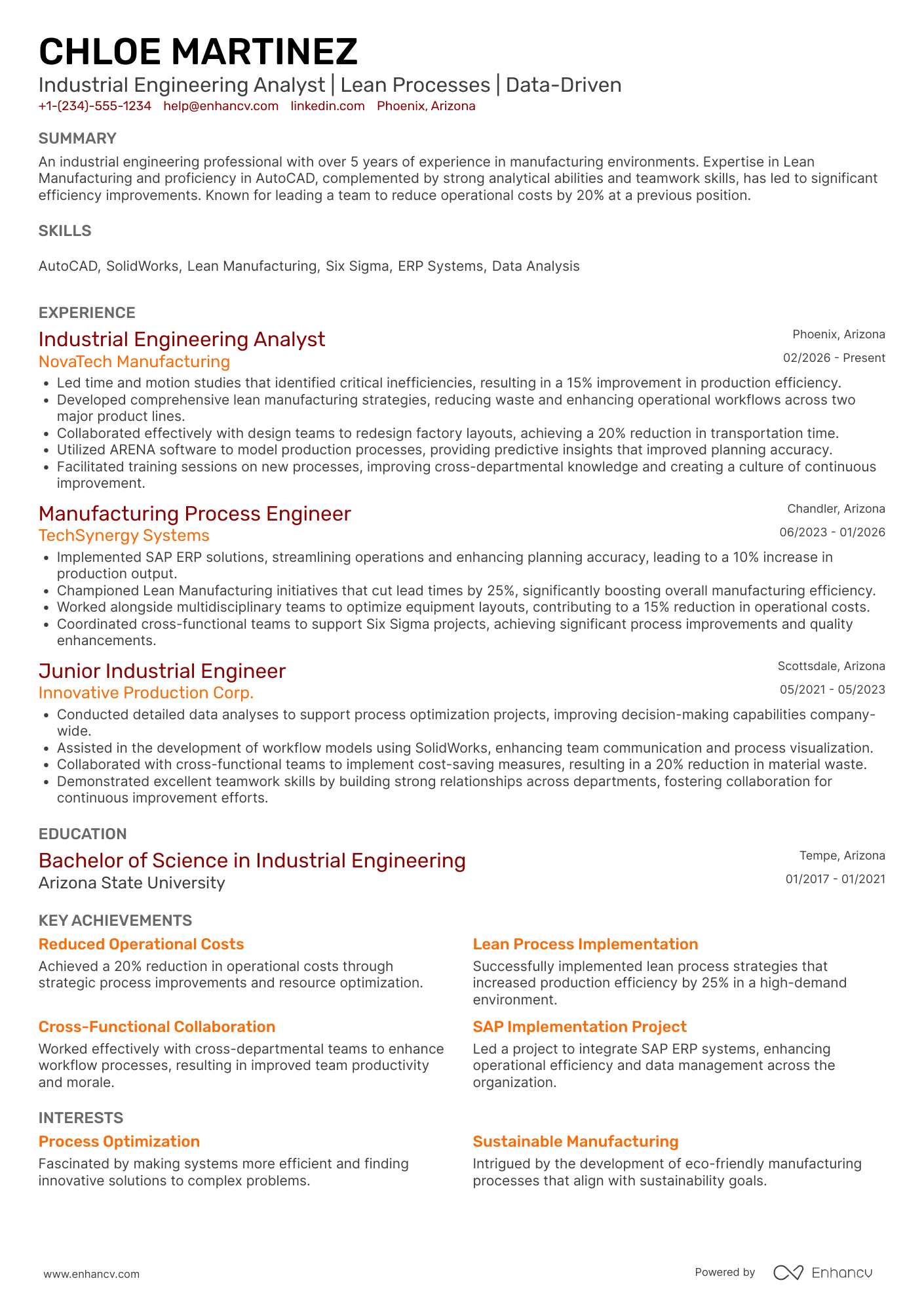 Industrial Engineering Analyst Resume Example