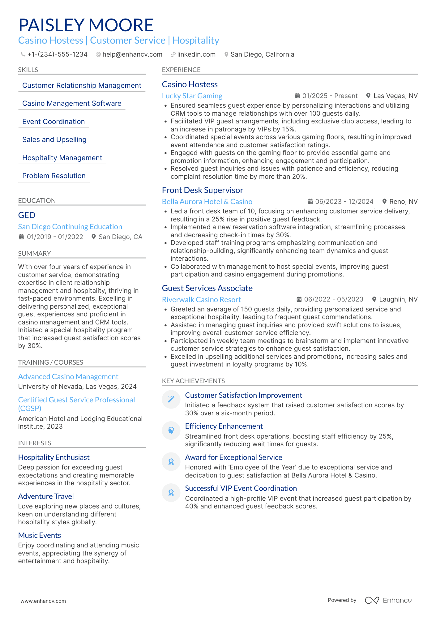 Casino Hostess Resume Example