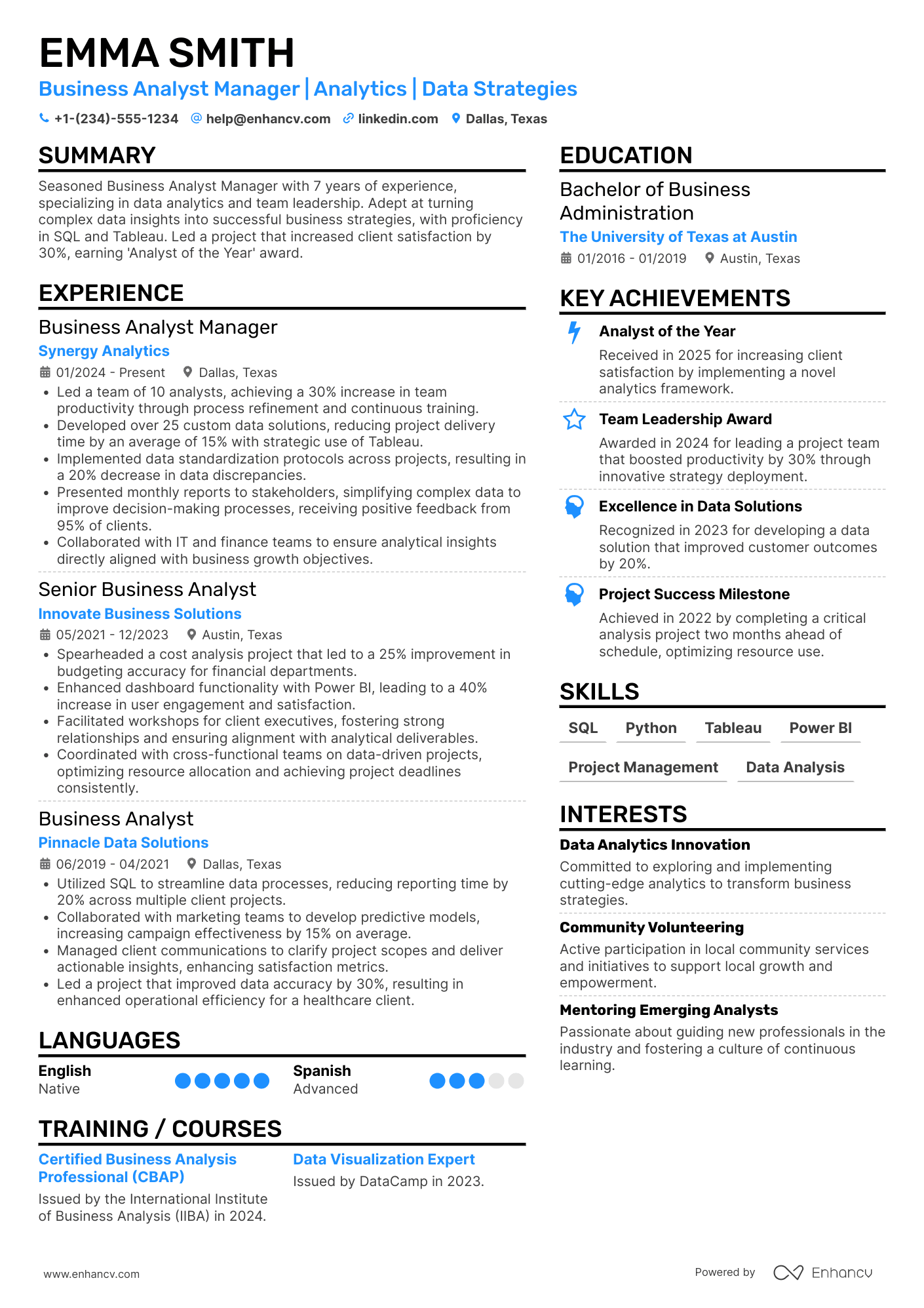 Business Analyst Manager Resume Example