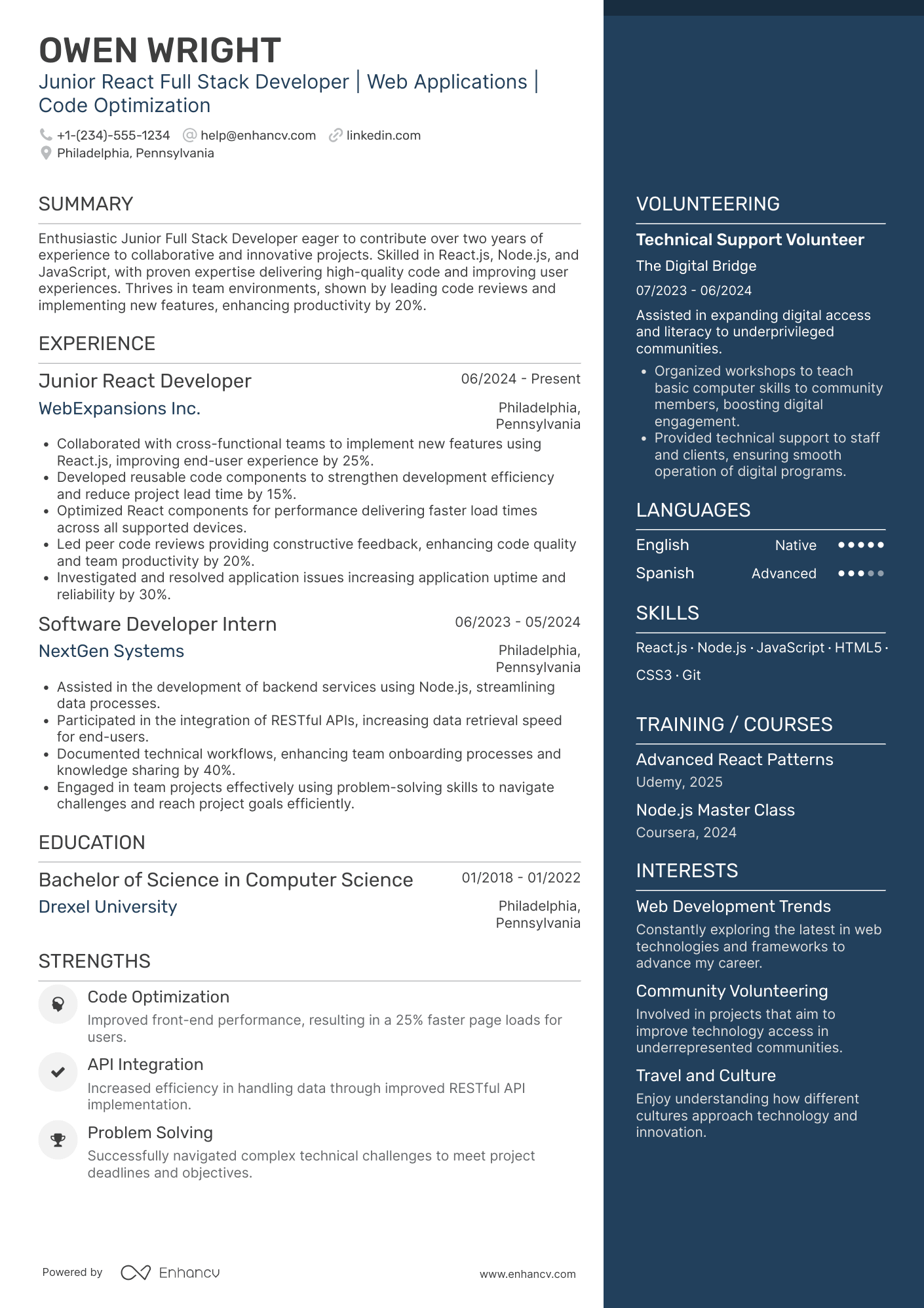 Junior React Full Stack Developer Resume Example