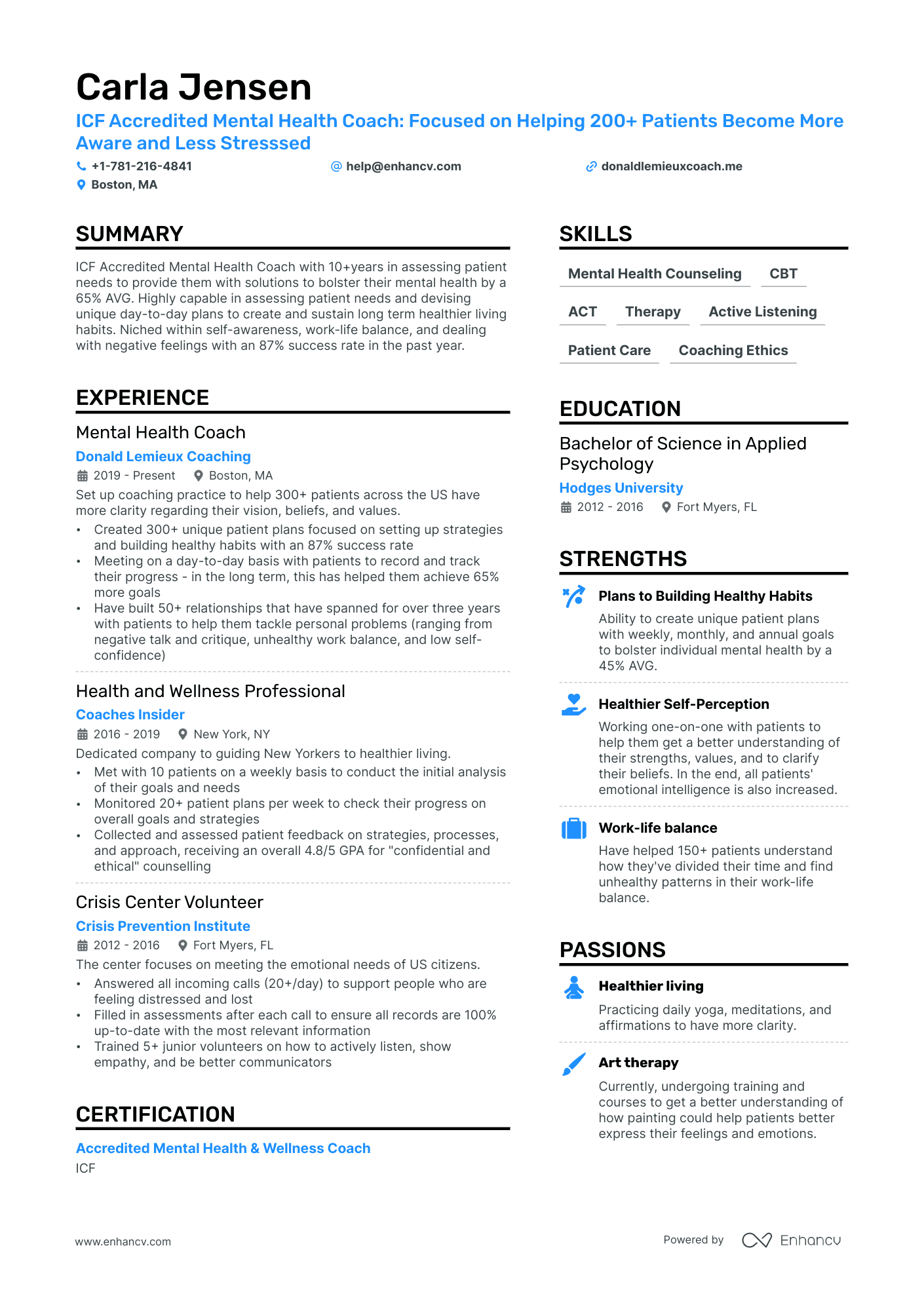 Mental Health Coach Resume Example