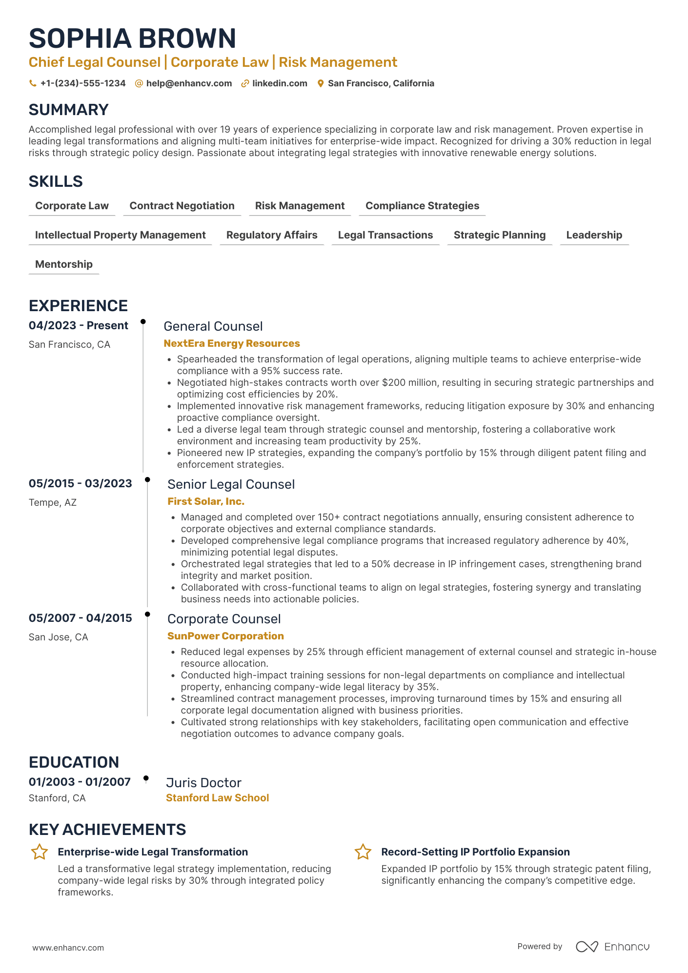 Chief Legal Counsel Resume Example