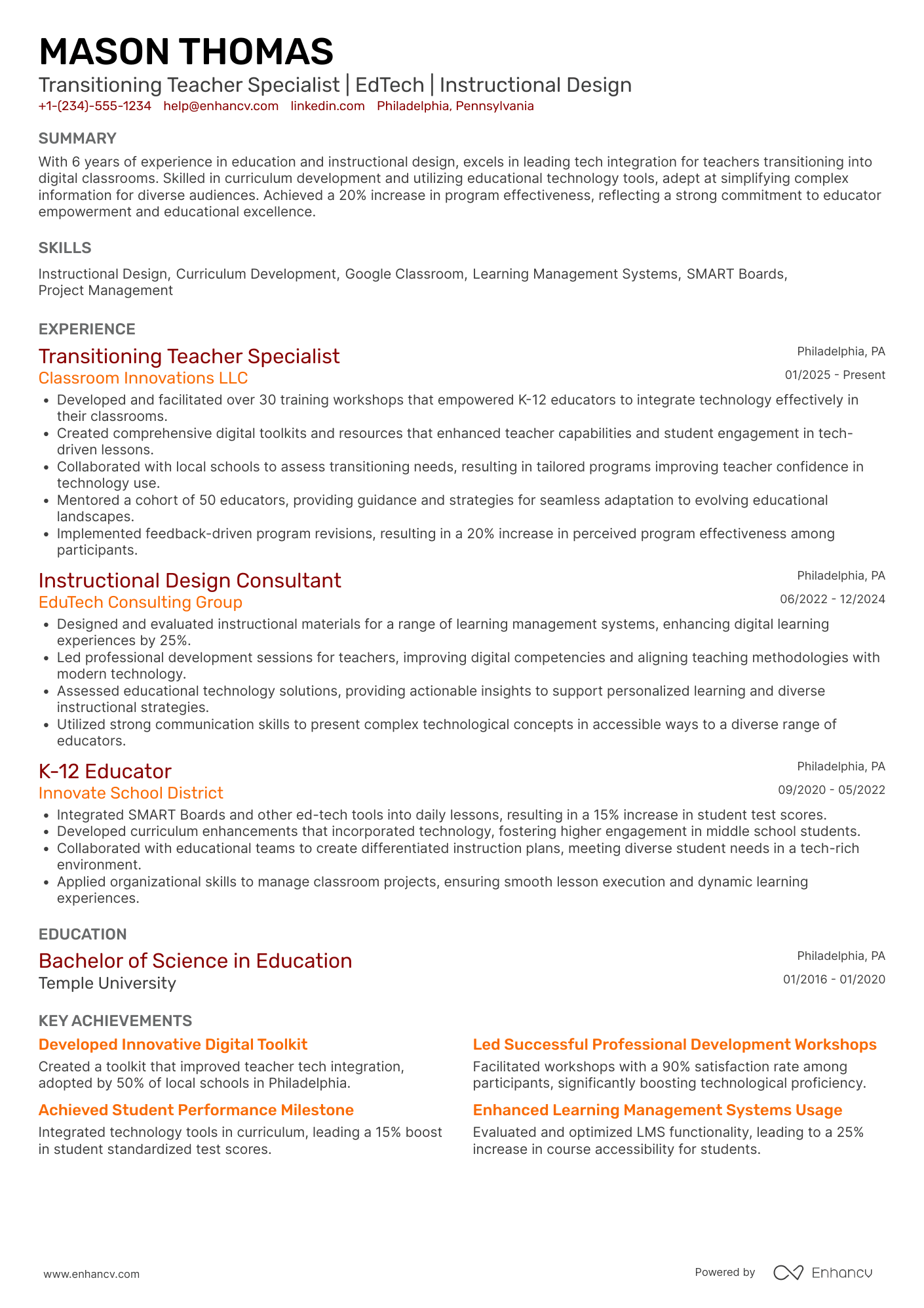 Transitioning Teacher Resume Example