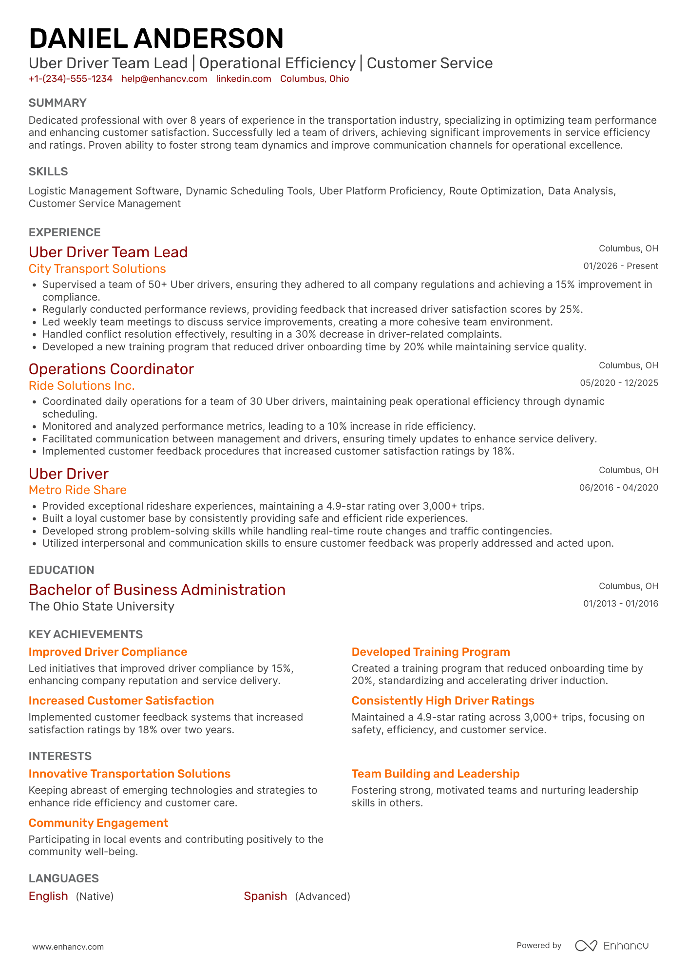 Uber Driver Team Lead Resume Example