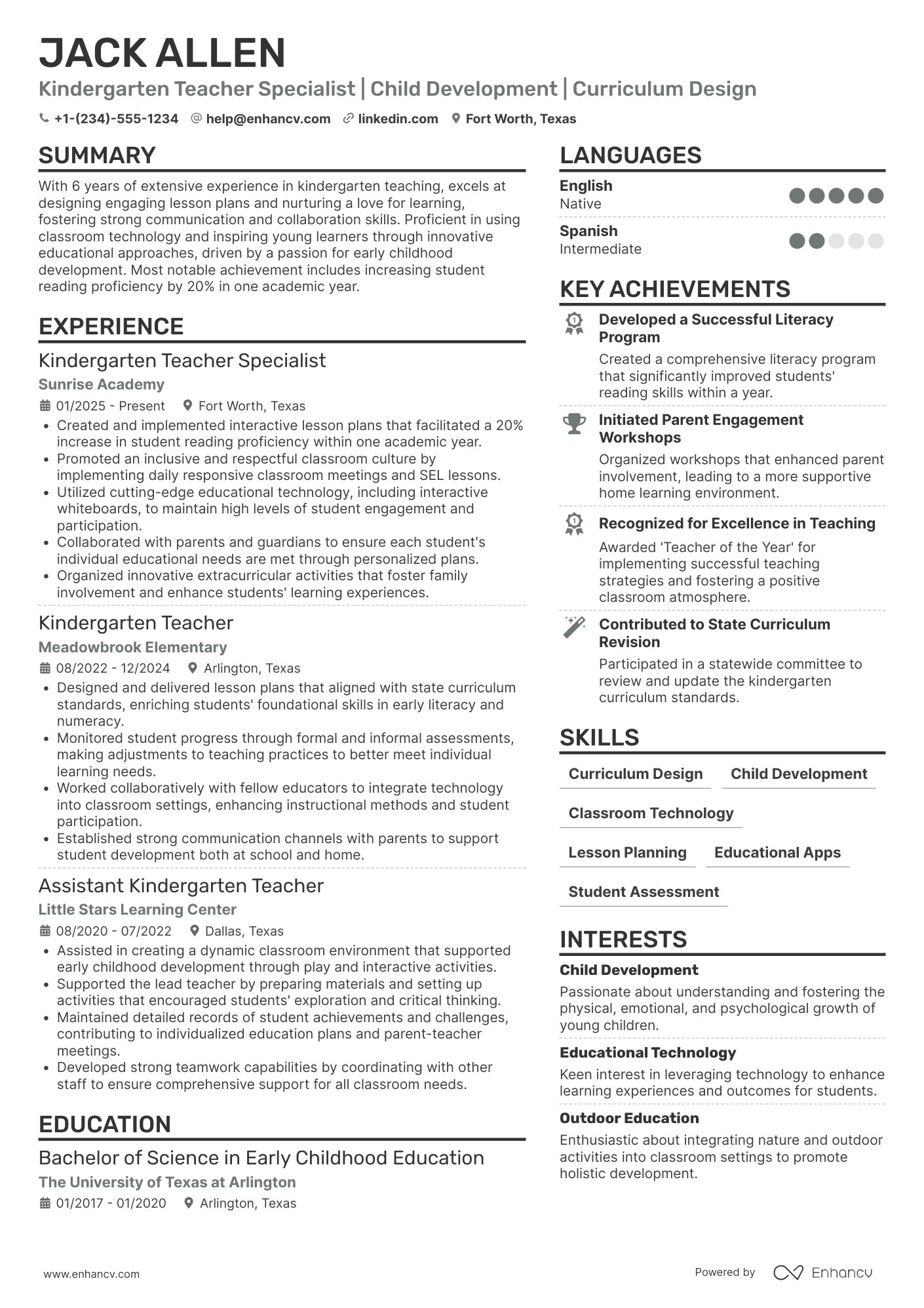 Kindergarten Teacher Specialist Resume Example