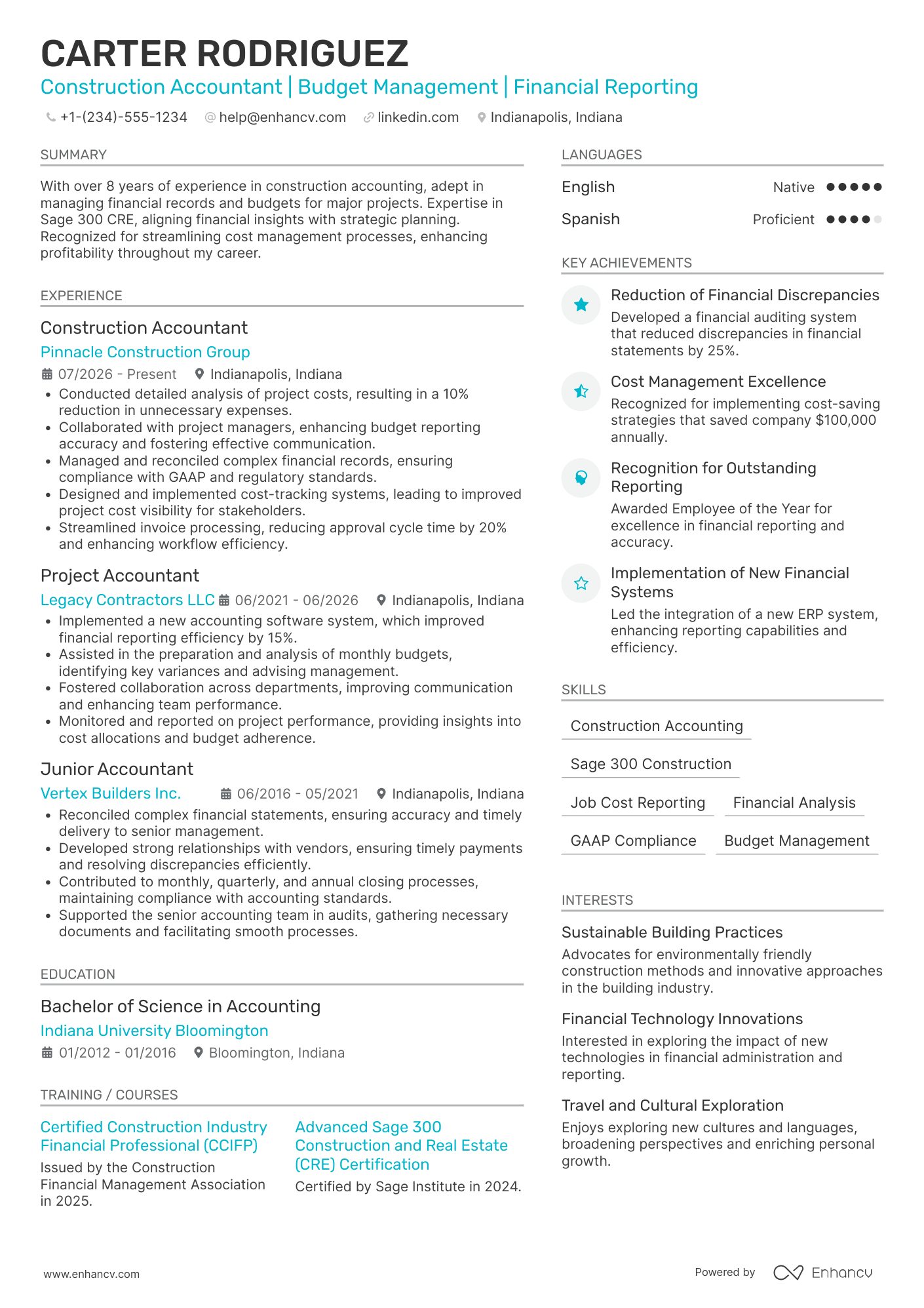 Construction Accounting Resume Example