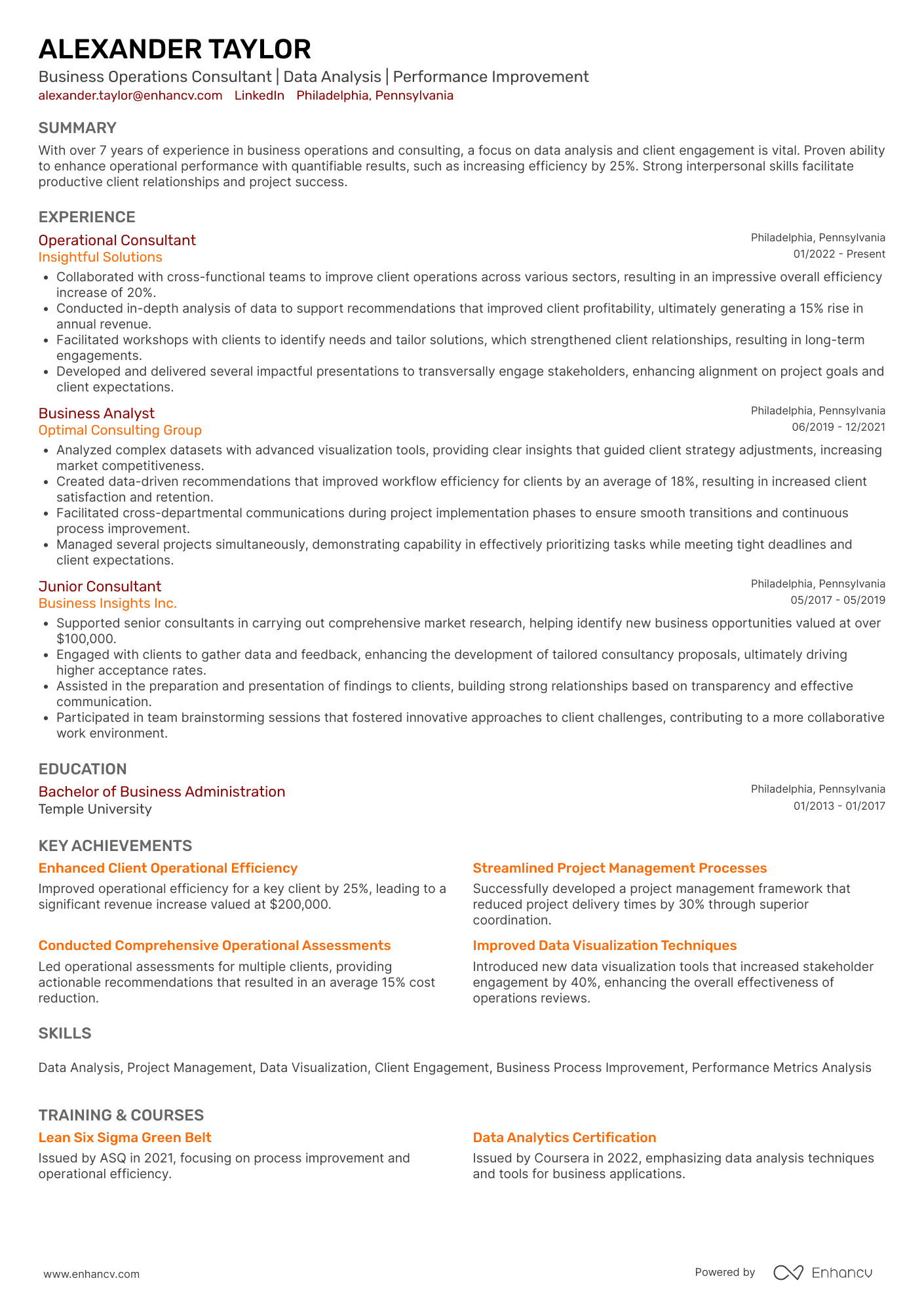 Business Operations Consultant Resume Example